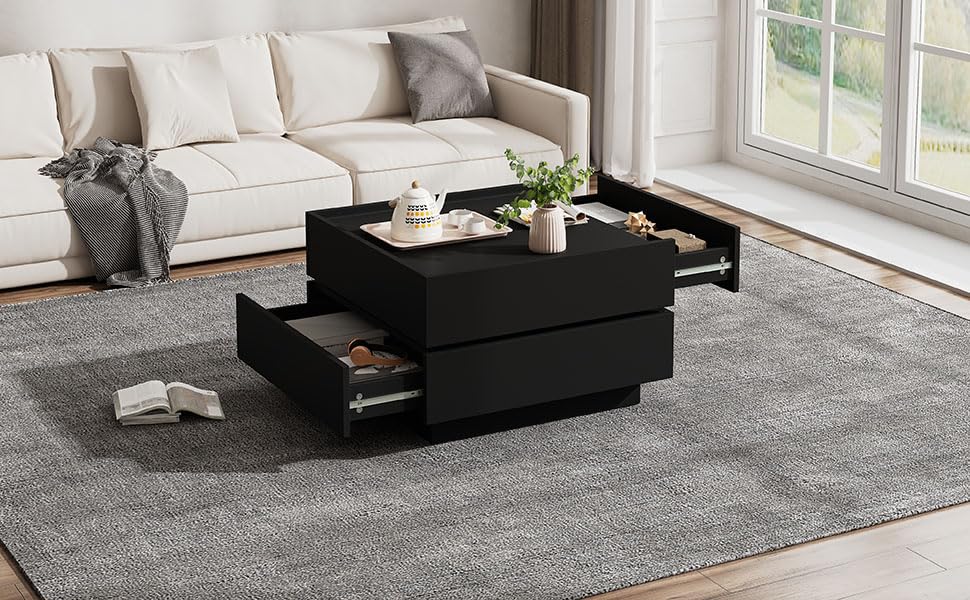Mesa de centro giratoria anticaídas con cajón de almacenamiento negro 5