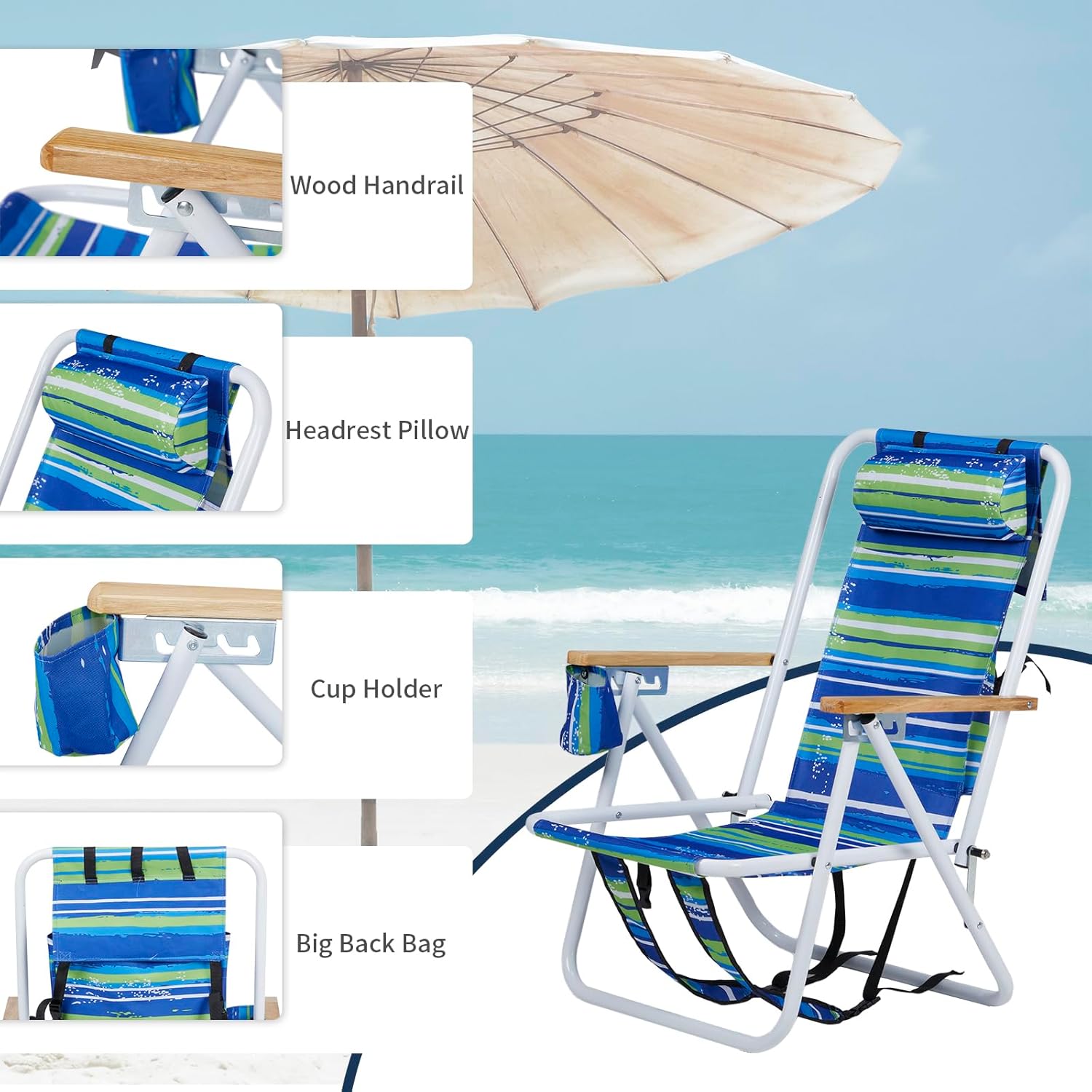 Outvita Folding Beach Chair Adjustable Headrest w/4 Flexible Tilt Angle, Cup Holder Portable High Strength Cleanable Fabric, for Sand Camping Lawn Concert Travel Festival