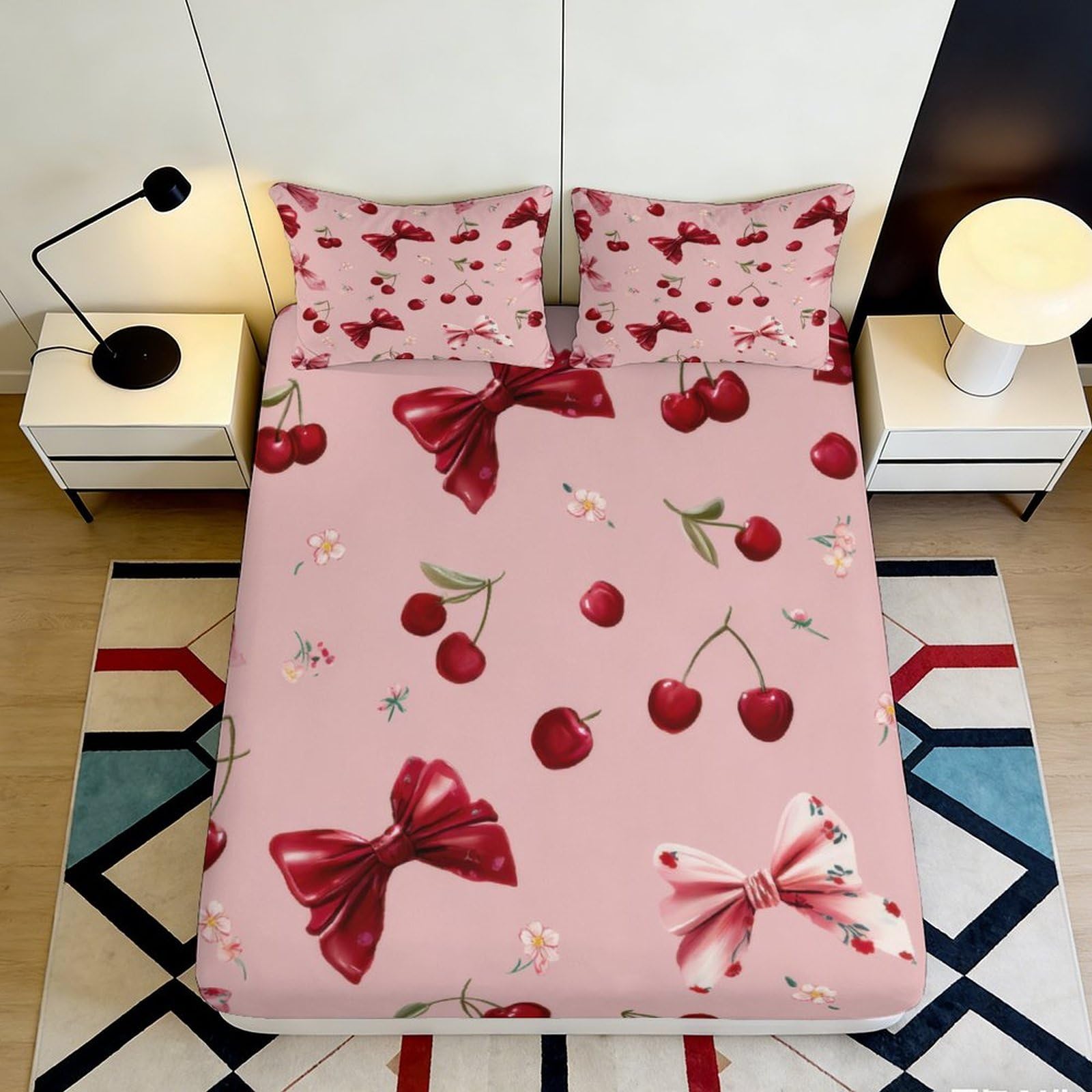 3D Printed Cherry Bow Fitted Sheet Thick Microfiber Deep Pocket Non-Slip Cherry Bow Mattress Fitted Cover Washable Bedding Home 90x200x25cm