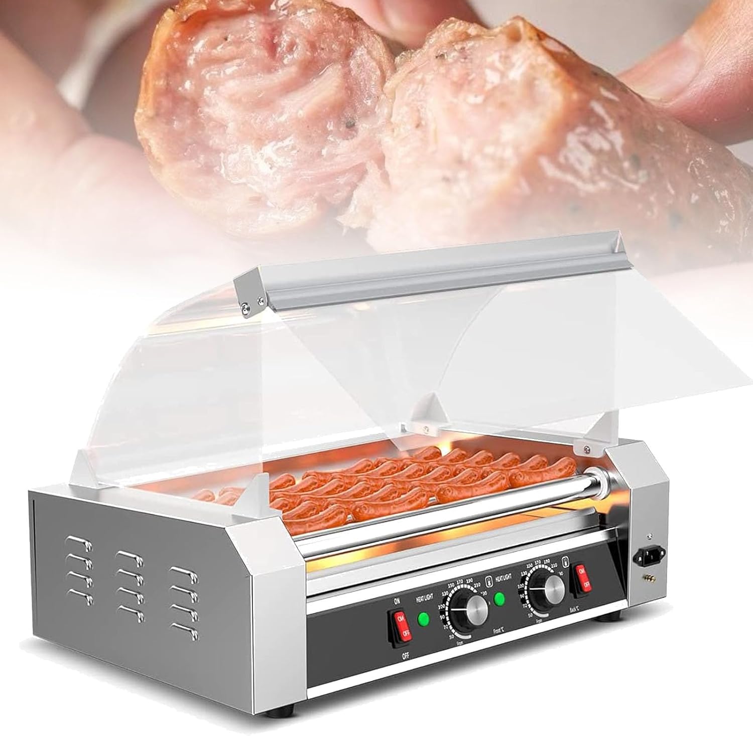 Hot Dog Roller Machine, 1050W Sausage Grill Cooker Machine with 7 Non-Stick Rollers, Stainless Steel Countertop 50°C~250°C Temperature Control for Commercial and Household