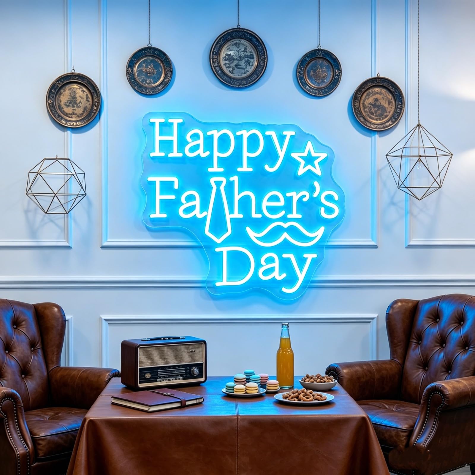 Insegna al neon con scritta "Happy Father's Day", luce al neon a LED blu ghiaccio con cravatta e baffi, alimentata tramite USB, decorazione da parete per festa del papà, camera da letto