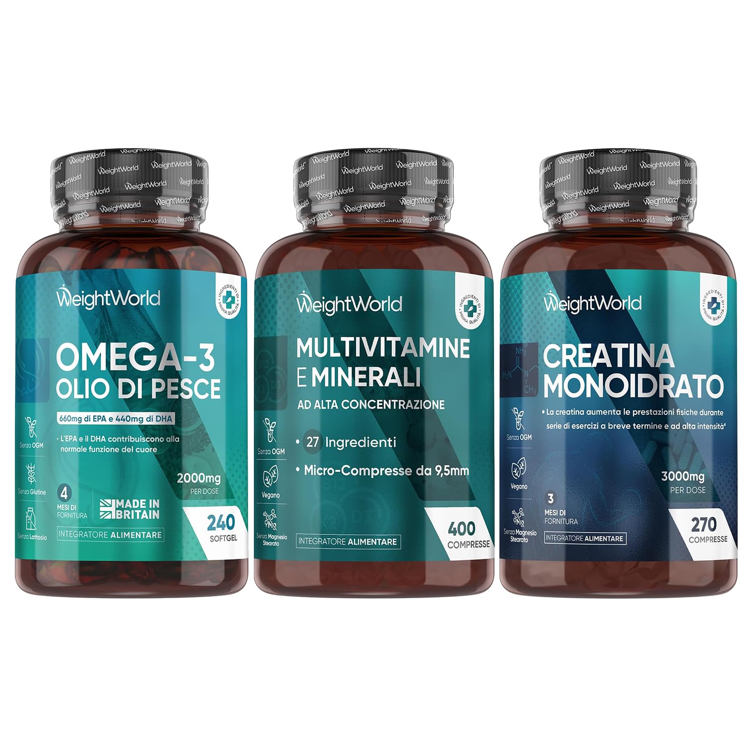 Omega 3 Olio di Pesce, Multivitaminico Completo e Creatina Monoidrata Bundle, 240 Softgel + 400 Compresse + 270 Compresse, Omega 3 con EPA e DHA, 27 Vitamine e Minerali, Creatina Pre e Post Workout