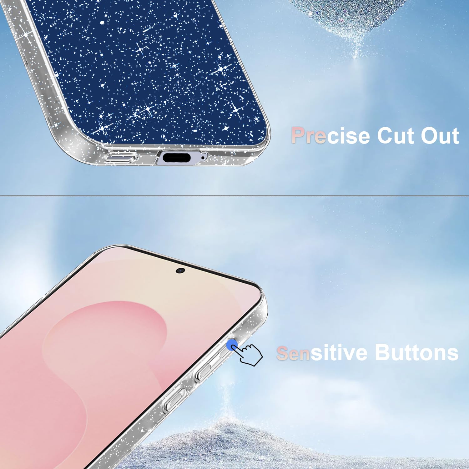 Cover Compatibile con Samsung Galaxy S25 FE 5G ((Non per S25), con 3 Pezzi Vetro Temperato Pellicola Protettiva, Glitter e Antimpronta Custodia, Antigraffio e Morbido Caso - Trasparente