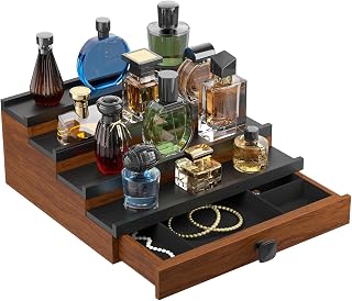 Perfume Cologne Organizer for Men: 4 Tier Wooden Perfumes Stand, Desktop Parfum Holder Wood Display Shelf with Cabinet, Bedroom Dresser Makeup Lotion Jewelry Storage Rack with Drawer