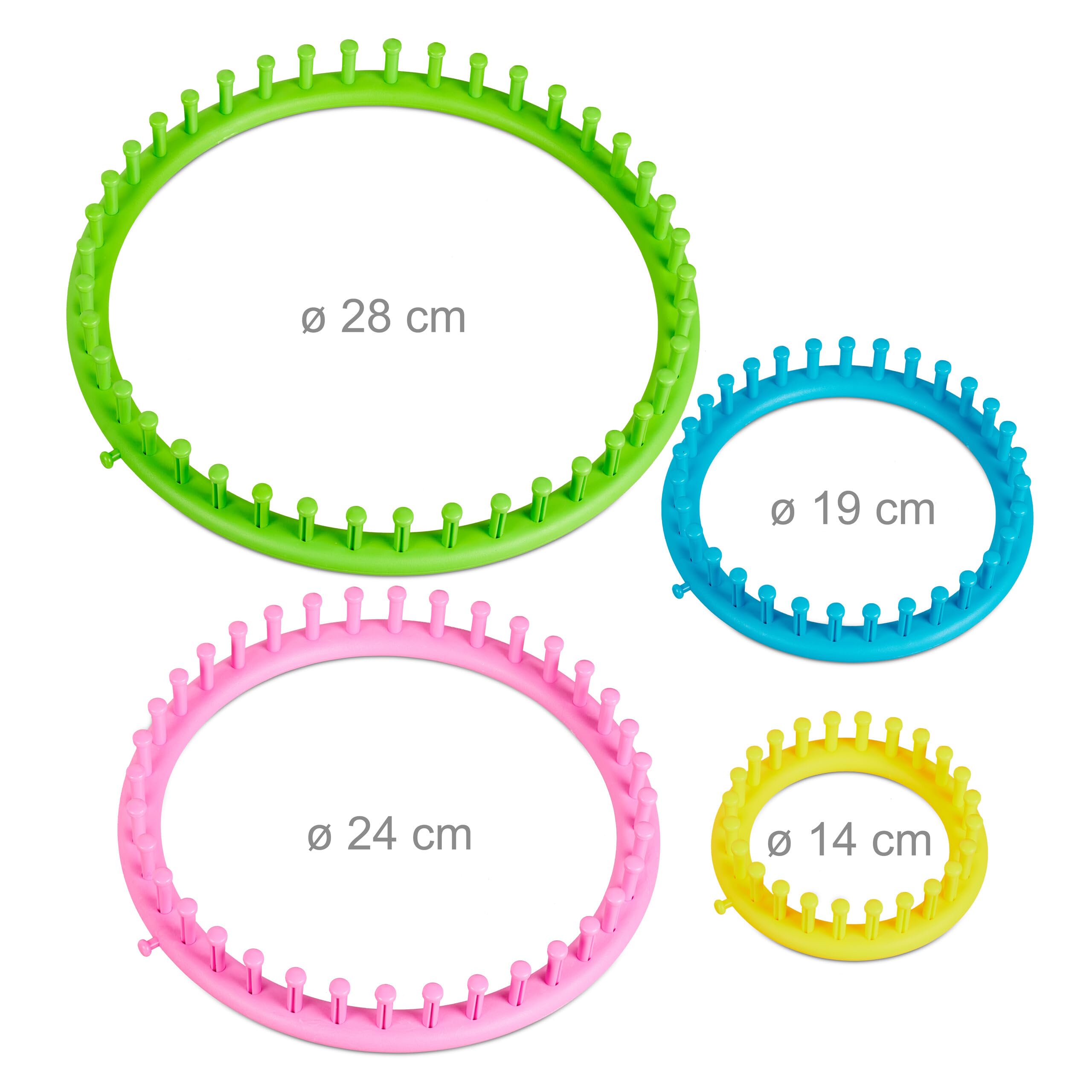 Relaxdays Set di Telai Circolari per Lavorare A Maglia, 4 Anelli Maglieria Cappello Sciarpa Ø 28, 24, 19, 14cm, Colorato