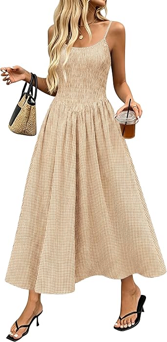 Relipop Womens Summer Midi Dresses 2026 Casual Plaid Sleeveless Spaghetti Strap Smocked Tiered Beach Sundress & Pockets