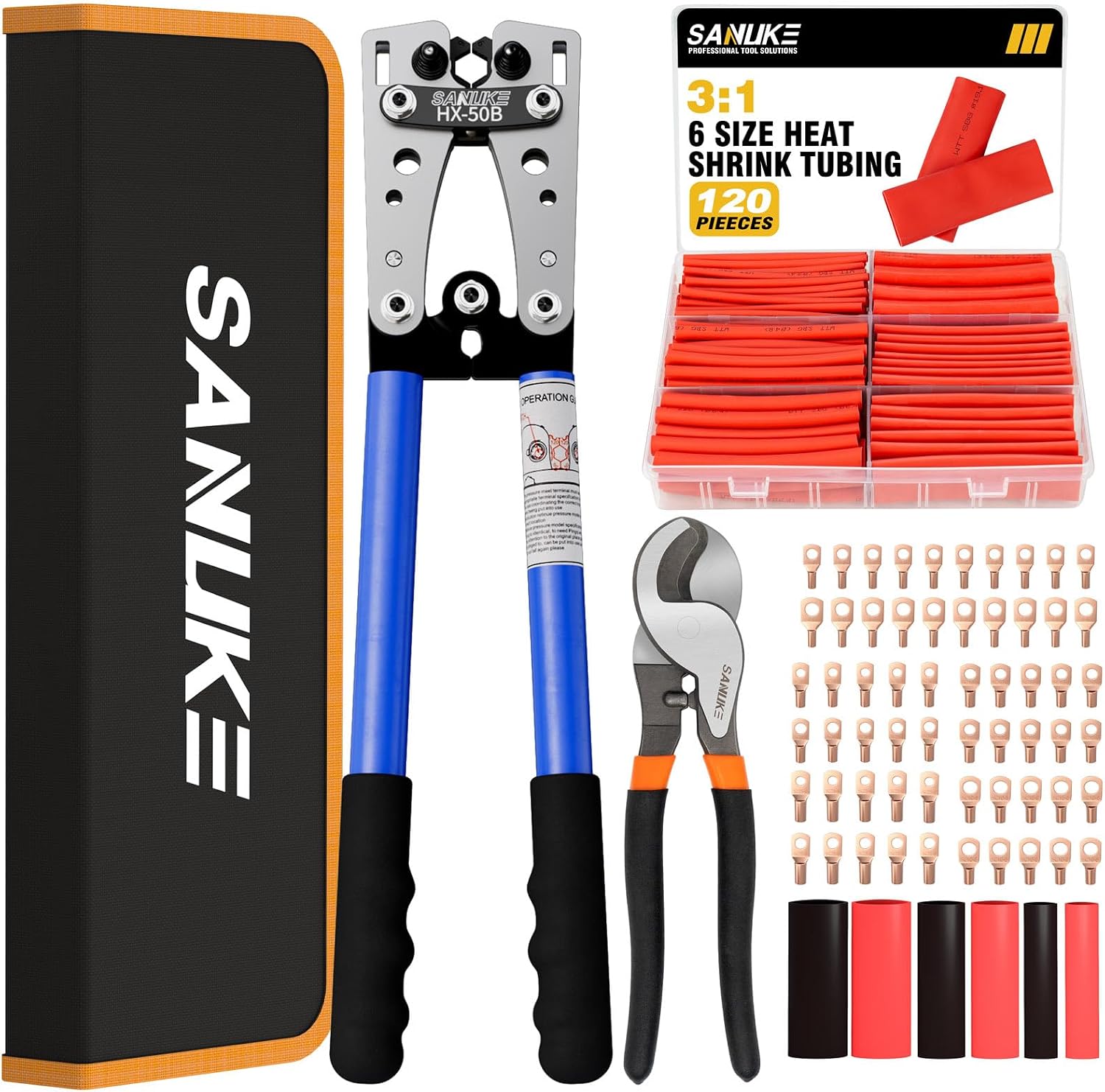 Sanuke 230pcs 3:1 Heat Shrink Tubing Kit and Battery Cable Lug Crimping Tool Kit with Cable Cutter 60pcs Ring Terminals 60pcs Heat Shrink Tubing and A Bag, Wire Crimper for AWG 8-1/0 Electrical Lug