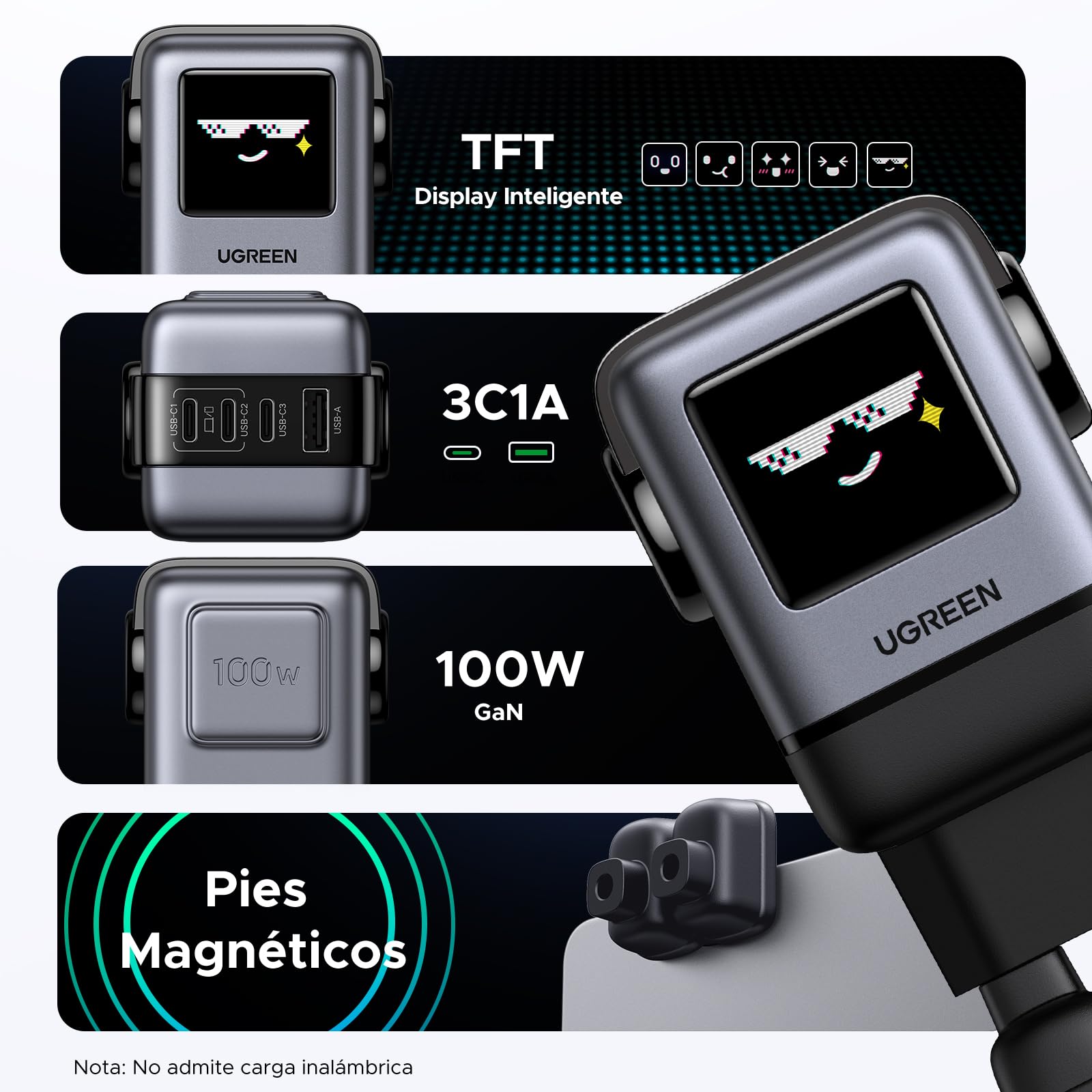 UGREEN Uno Cargador USB C GAN de 100W, Adaptador de Corriente de 4 Puertos Carga Rápida Compatible con MacBook Pro, iPhone 16 Plus, Galaxy S24/S23, Pixel 8, Steam Deck, ROG Ally, etc.