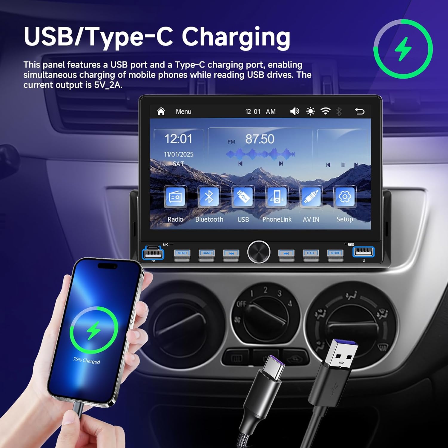 Car stereo with USB and Type-C charging ports. A smartphone is shown charging via USB-C, and a USB-A cable is also visible.