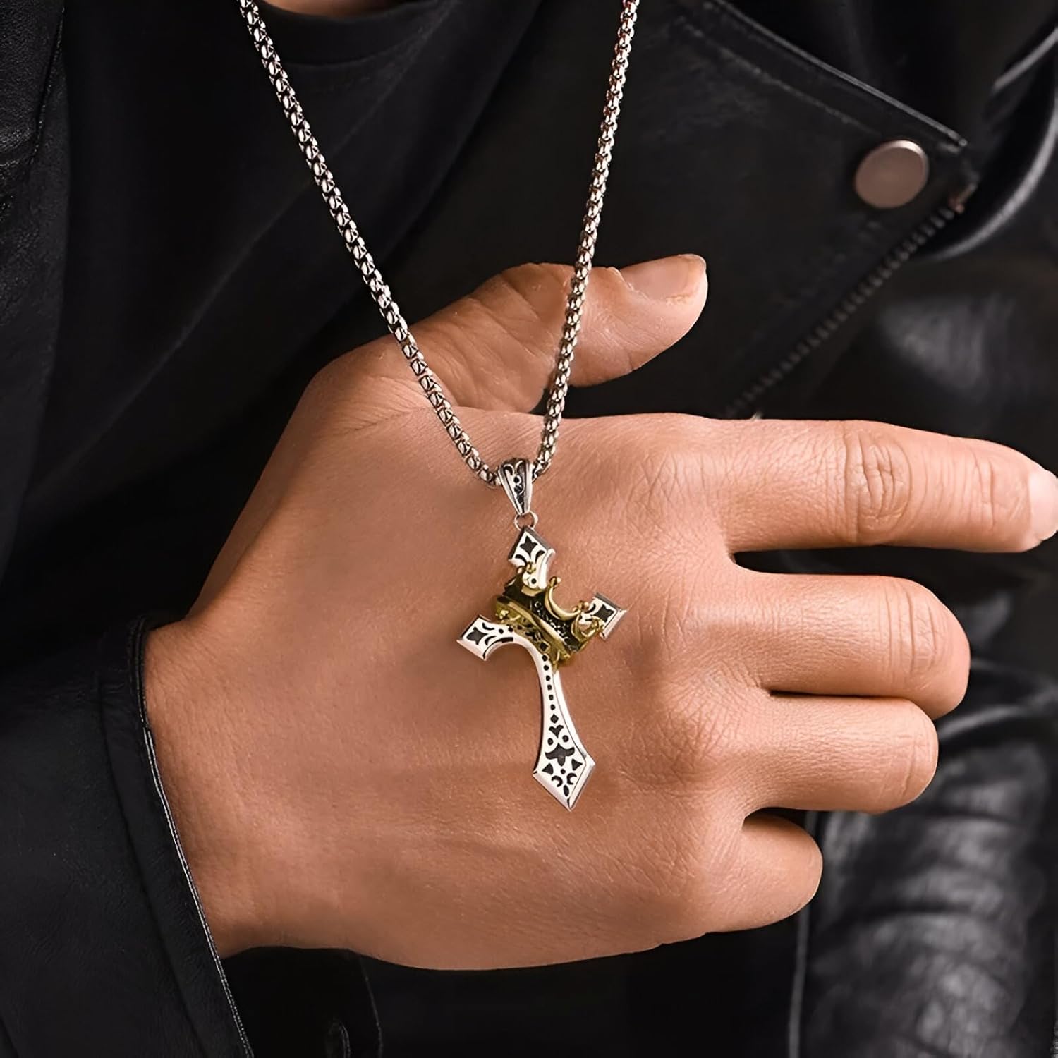 LUSSO 925 Sterling Silver Crown Cross Necklace For Men - Retro Crucifix Of Thorns Pendant, Jesus Christ Cross Chain With Diadem, Faith Cross Jewelry, Vintage Cross Necklace For Women - Image 3