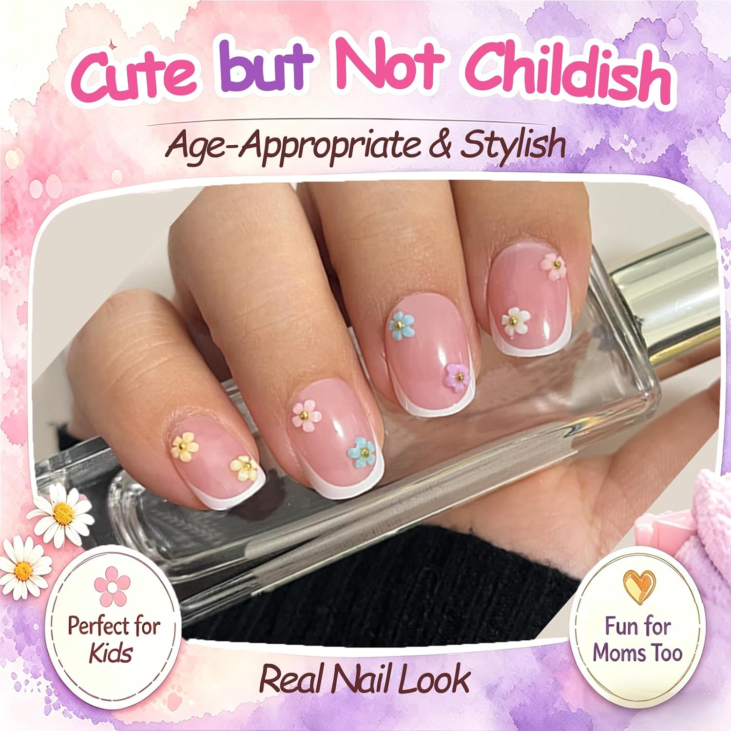 Kids Press on Nails, 24pcs French Tip Press on Nails for Kids 6-12 with 3D Flowers, Non-Toxic Nail Kit with Nail Glue, Adhesive Tabs, Fake Nails Gift for Girls
