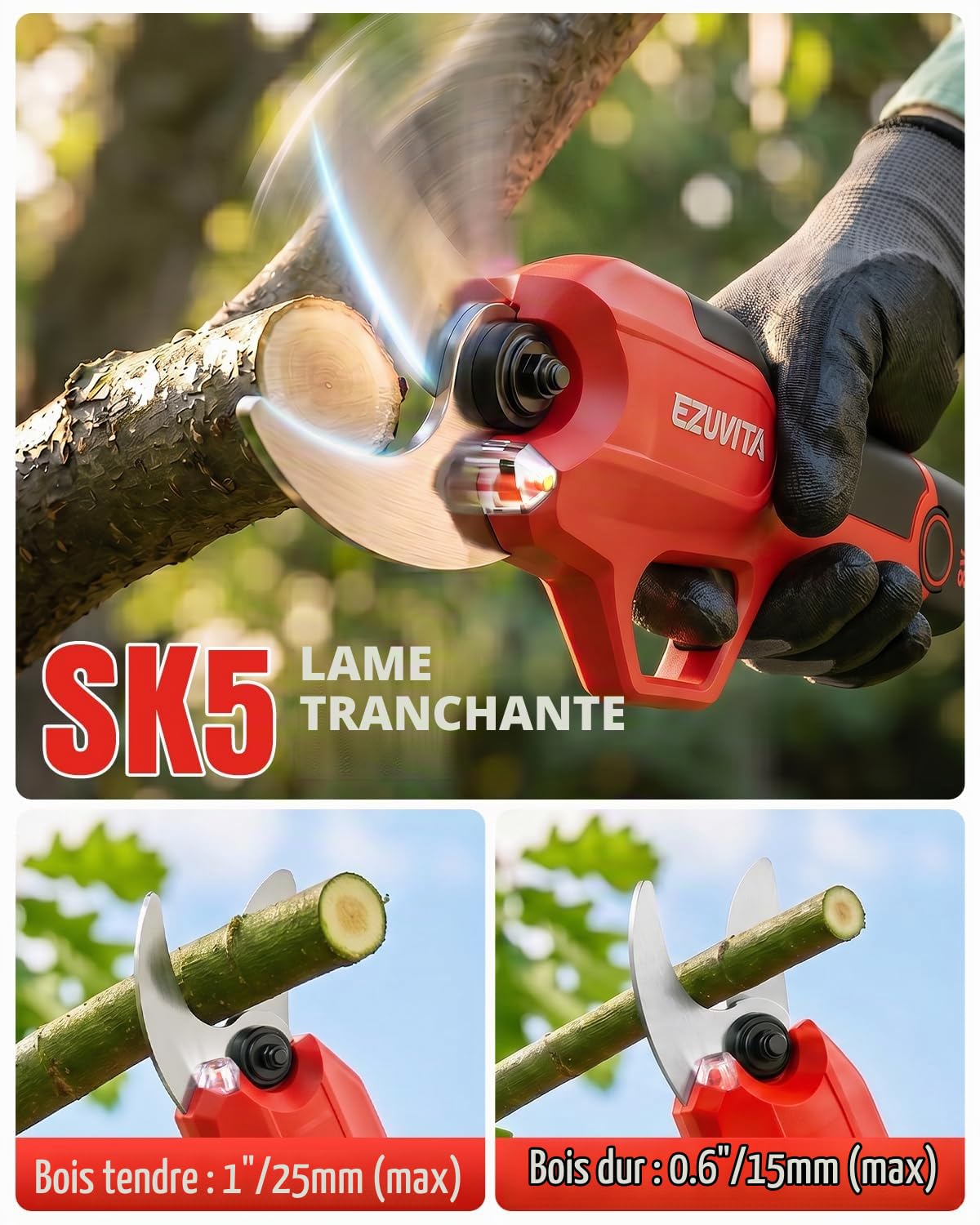 Sécateur Électrique sans Fil 25mm, Sécateur à Batterie avec Lame SK5, Batterie Amovible 2000mAh, Coupe-Branches Électrique avec Sécateur Manuel, pour Jardin, Arbres Fruitiers, Vigne (Rouge)