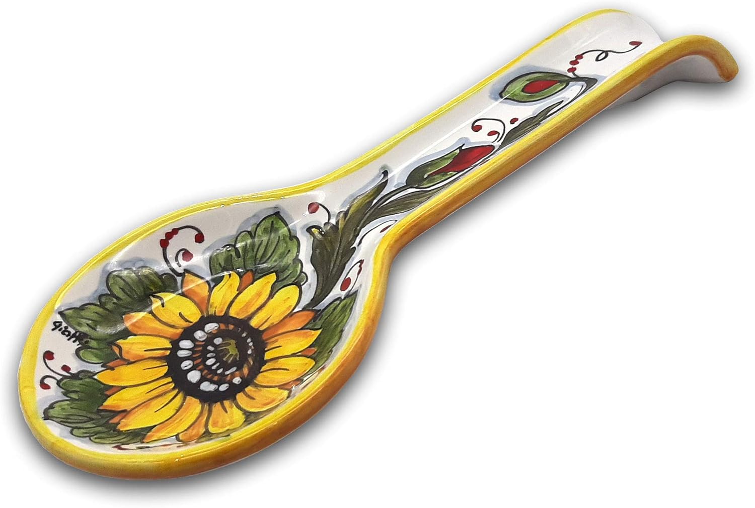 Italian Ceramic Spoon Rest for kitchen counter - Sunflower Hand Painted Spoon Holder- Made in ITALY Tuscany - Italian Pottery spoon holder for stove top - Home Decor Ceramics Spoon rest for stove top