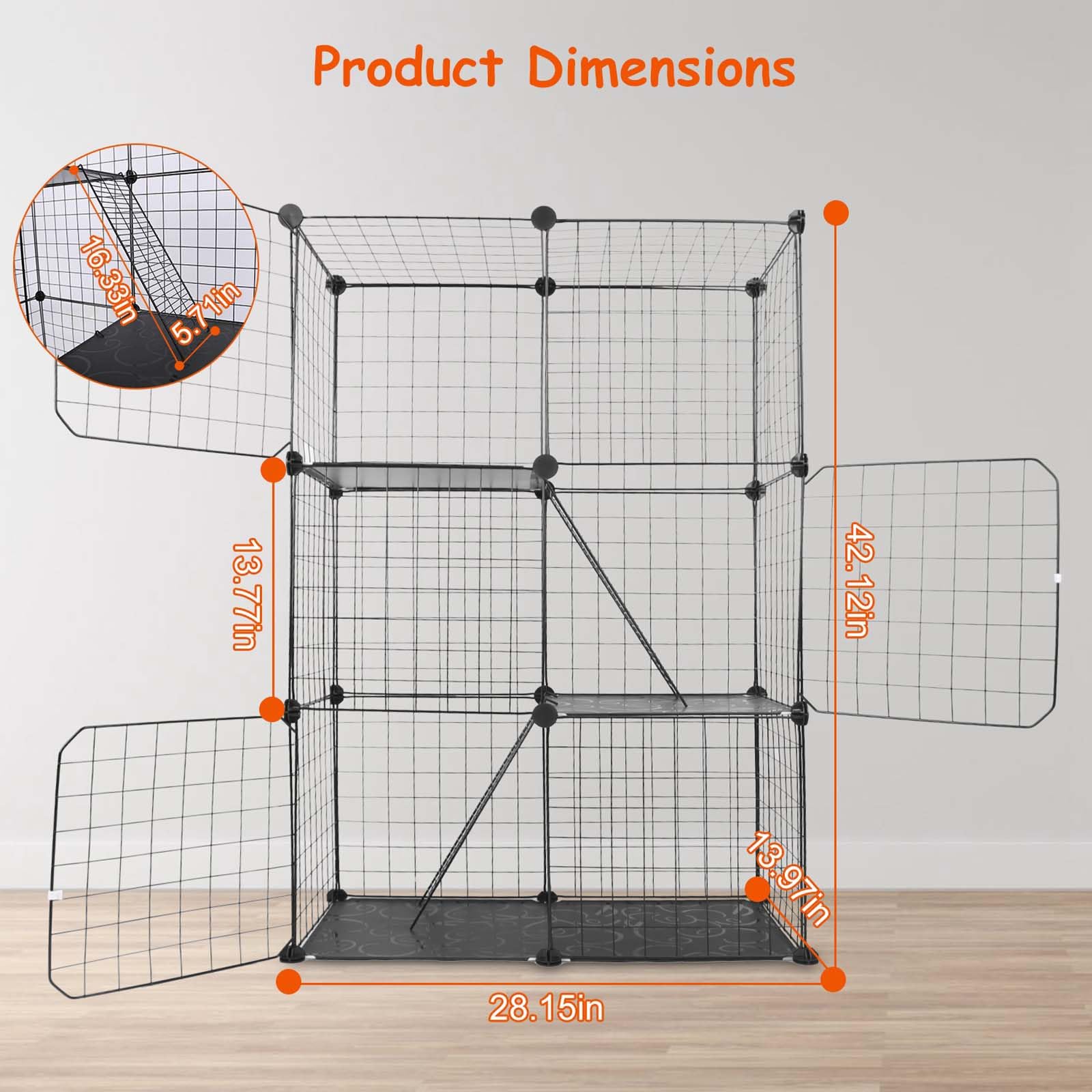 Jaula para gatos de 3 niveles, para interiores, con 3 plataformas de descanso ajustables, jaula grande para gatos de 42 pulgadas, jaula para hurones, corralito para gatos con 3 puertas