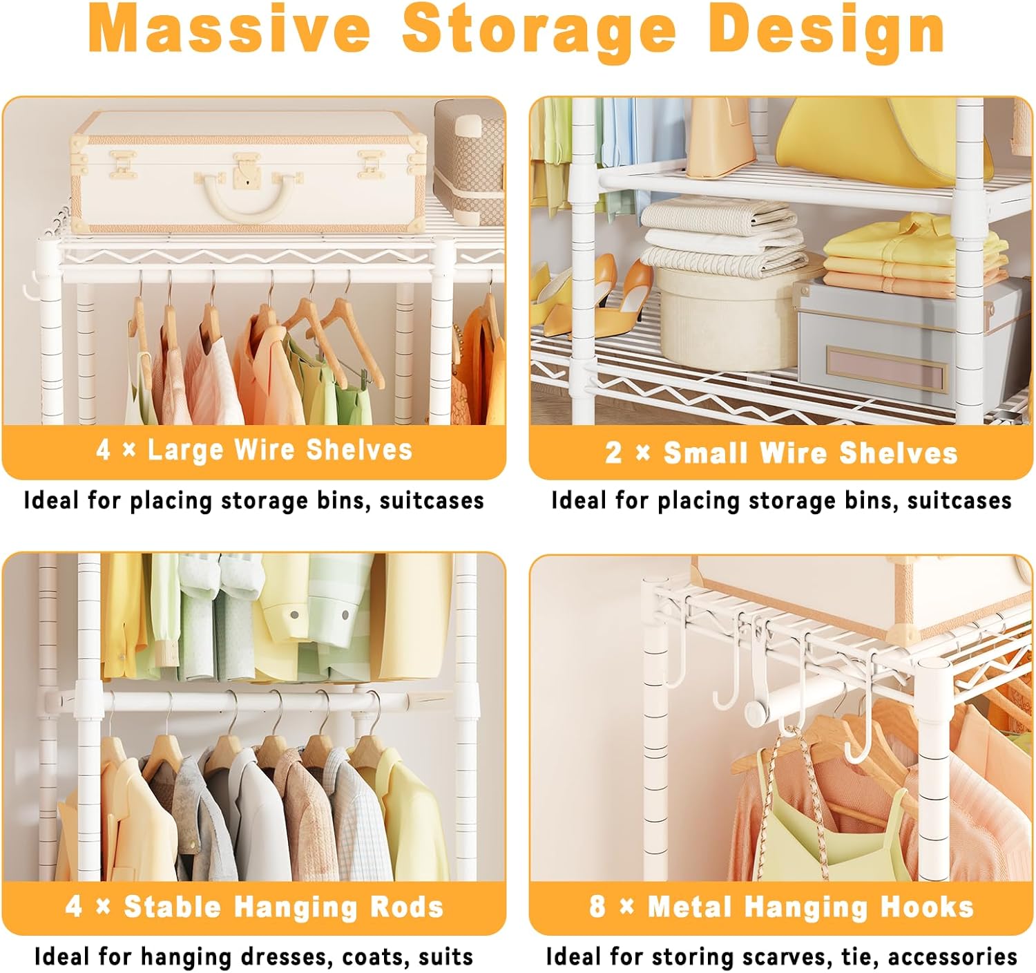 H41 Garment Rack Heavy Duty Clothes Rack, Clothing Racks for Hanging Clothes, Extra Large Freestanding Portable Closet Wardrobe Rack 78.5'' W × 15.8'' D × 76.4'' H, Max Load 1150 Lbs, White