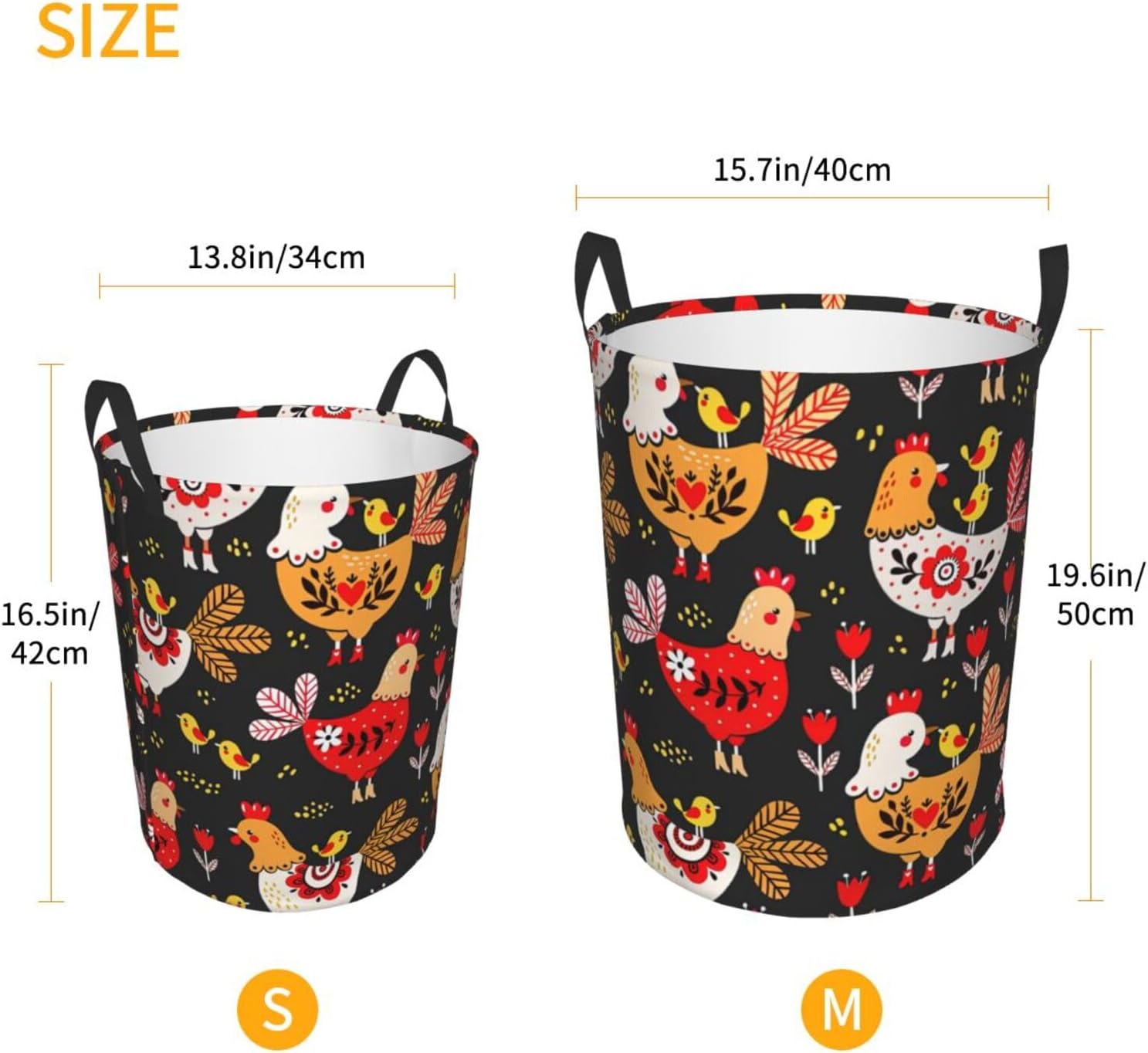 Cute Rooster Chickens Print Circular Protable Storage Bin,Basket For Laundry Hamper With Handles Bedroom Clothes