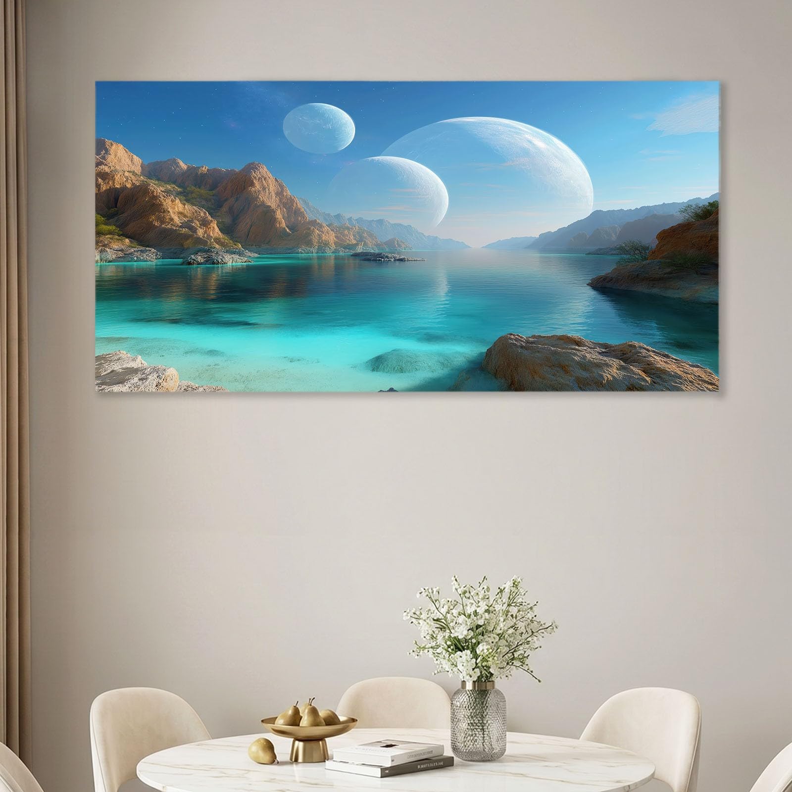Obraz na płótnie, natura, krajobraz, XXL, obraz ścienny, dekoracja ścienna 120 x 60 cm, druk artystyczny na płótnie z drewnianą ramą, niebieskie góry, jezioro, planeta, dekoracja ścienna do salonu