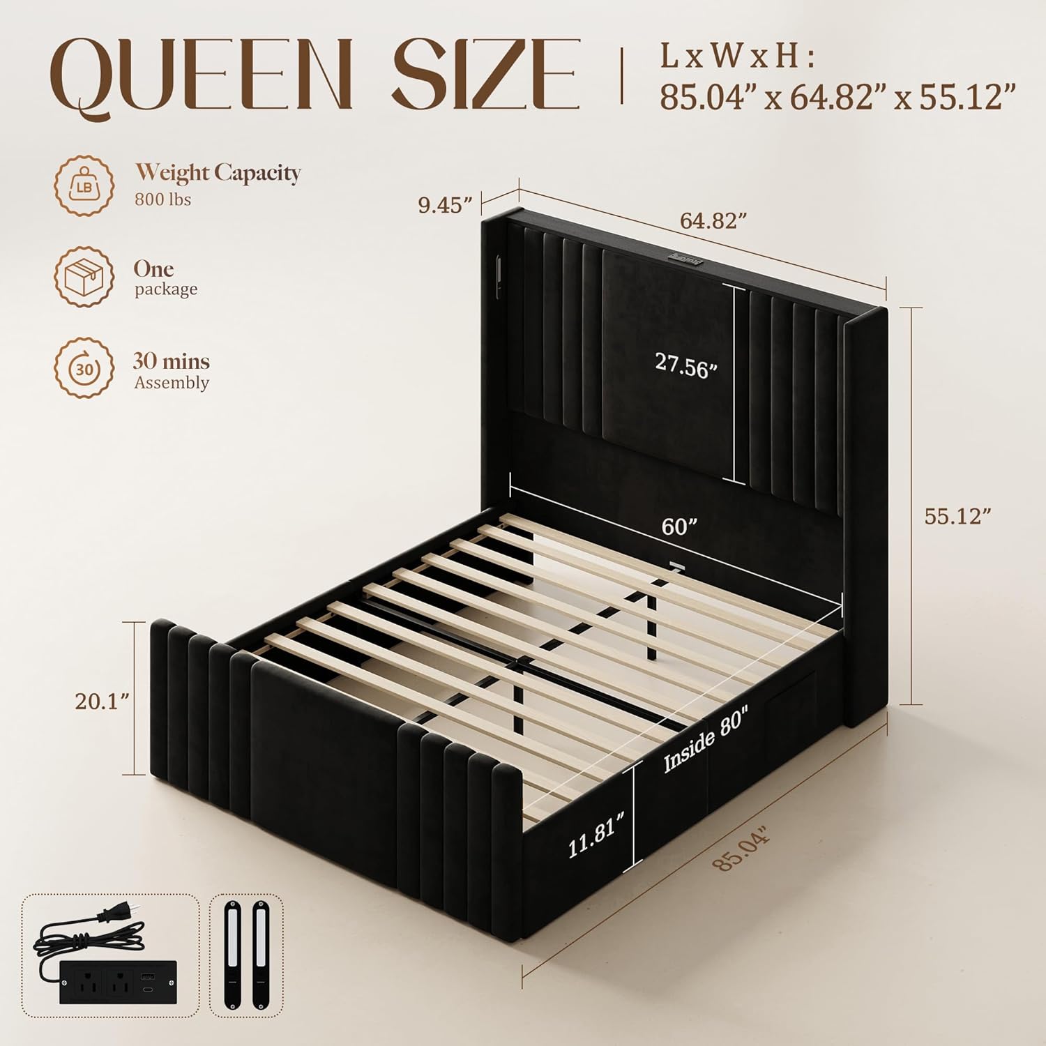Queen Bed Frame with 55.1" Tall Headboard, Velvet Upholstered Platform Bed with Channel Tufted Wingback, 2 Reading Lights/Storage Shelf/Charging Station/Easy Assembly/Noise-Free, Black