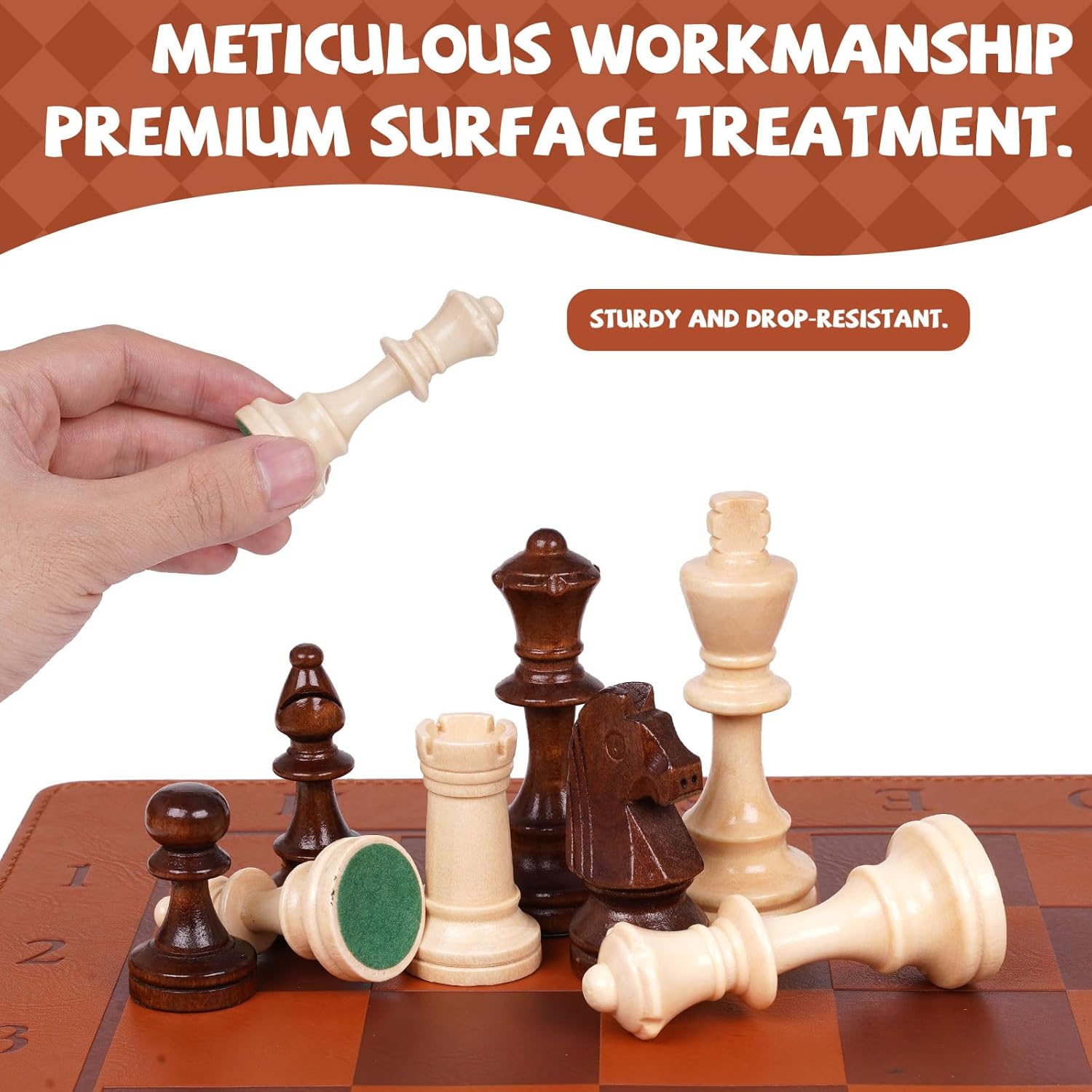15 Inch Magnetic Chess Set with Leather Chess Board & Handle – Portable Travel Chess Game with Wooden Pieces, Strong Magnetic Board, Includes 2 Extra Queens, Classic Gift for Adults & Kids (Brown)