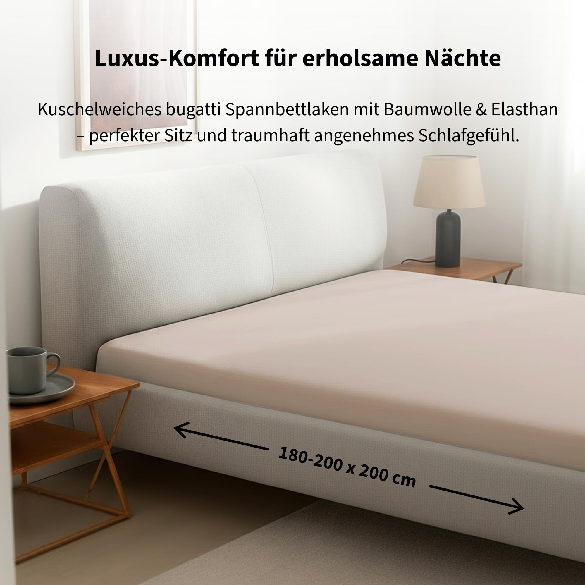 bugatti Spannbettlaken 180x200-200x200 cm- 97% Baumwolle und 3% Elasthan, Matratzenhöhe bis 25 cm, besonders weich & angenehm, Spannbetttuch beige