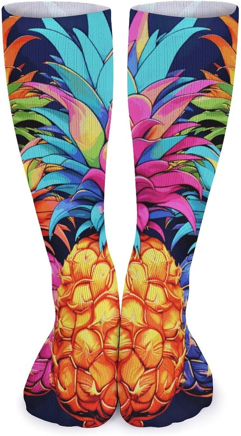 Breathable Crew Sock, Moisture Wicking, Athletic Calf Socks, Cozy | Colorful Pineapple Compression Socks for Women Men, Lightweight High Work Socks for Business, Casual