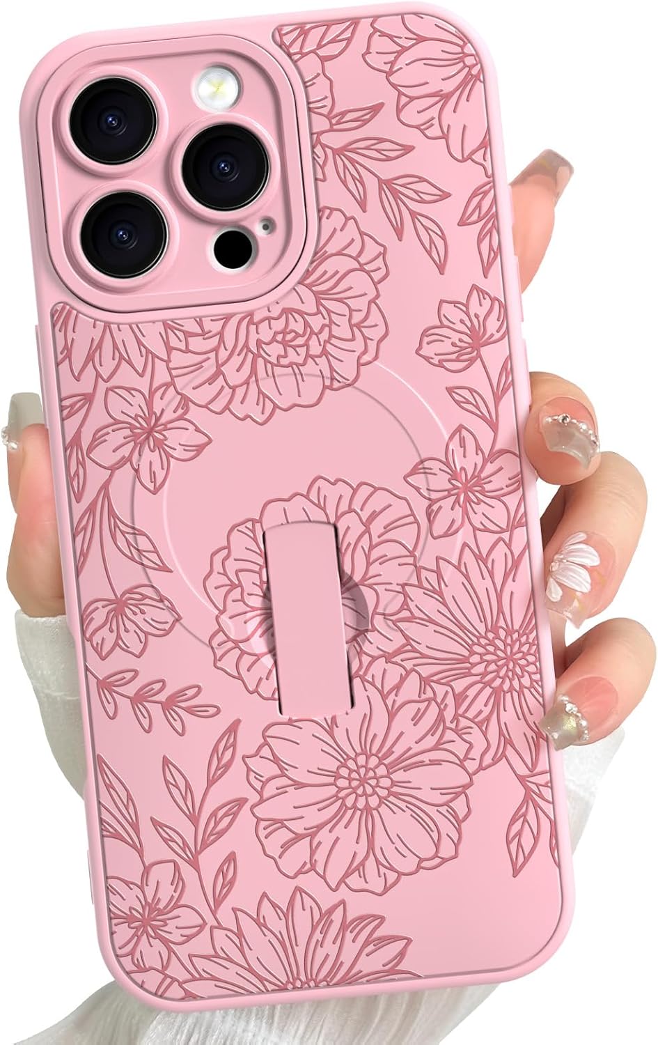 Designed for iPhone 16 Pro Max Pink Line Peony Floral Pattern Case [Compatible with Magsafe] with Finger Strap Kickstand Shockproof Anti Drop Camera Protective for Girls Women