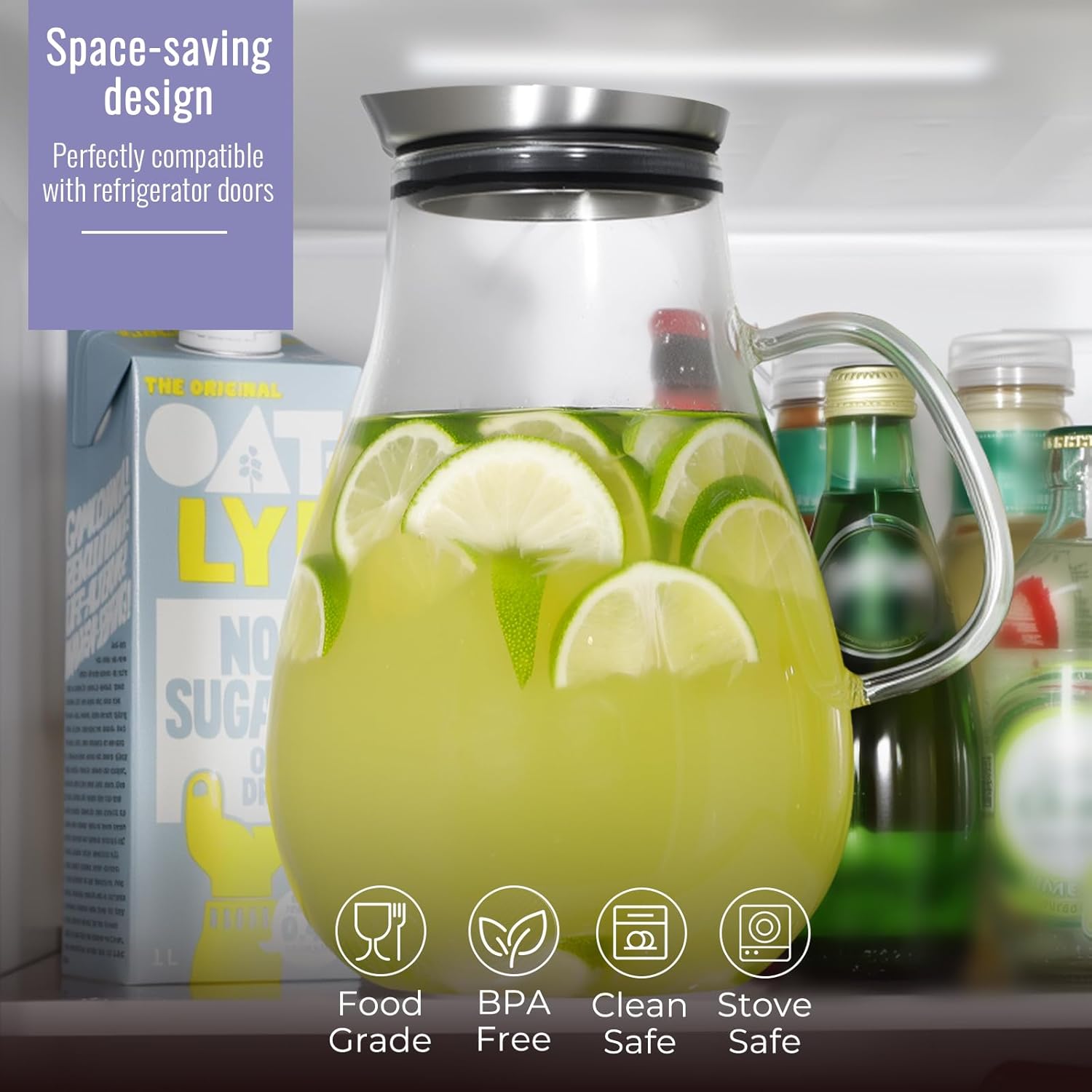 Glass Pitcher With Lid, 2.5 Liter 85 oz Glass Water Pitcher For Fridge, 0.66 Gallon Pitchers With Handle And Lid, Tea Jug Carafe Jar For Hot/Iced Water Milk Juice Coffee Fruit - Image 2