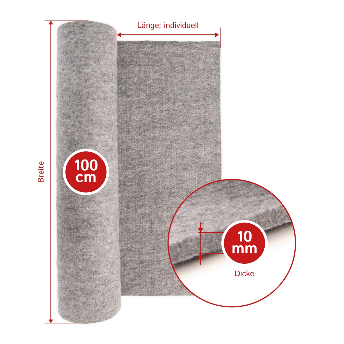 Akustikfilz Meterware 10 mm dick, Made in Germany, grau, 200 cm x 100 cm