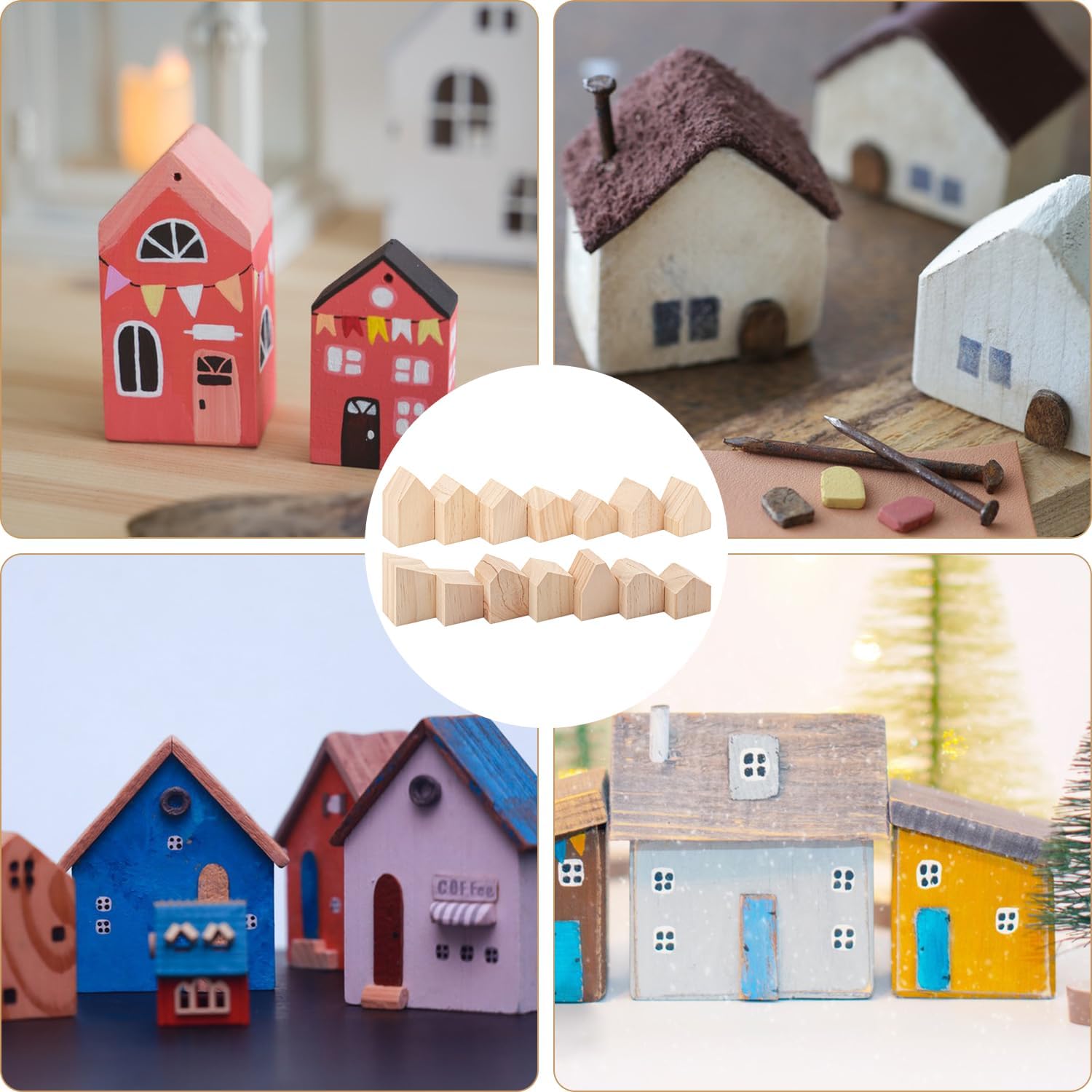 56 PCS Multi-Size Unfinished Wood House Shaped Blocks, Wooden Houses for Crafts, Arrow Shape Wood Blocks for DIY Projects, Home Decor, and Festive Occasions