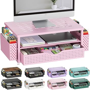 gianotter Monitor Stand with Drawer and Pen Holder with Desk Organizer and Accessories, 2 Tier Monitor Riser Pink Office Decoration for Women Pink