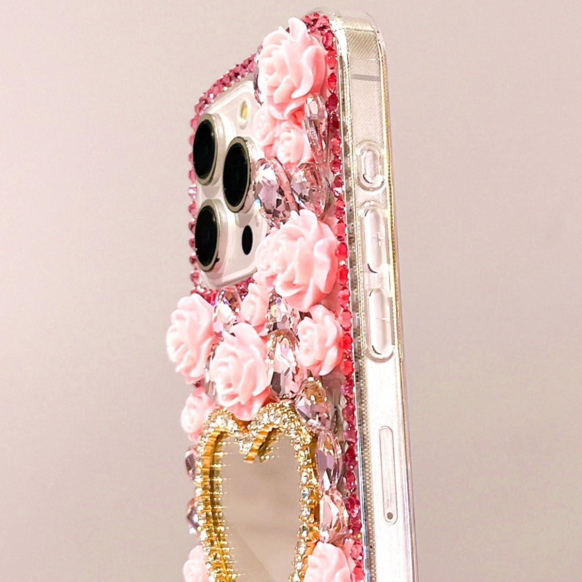 for iPhone 16 Pro Max Glitter Bling Case,Cute 3D Sparkle Heart Makeup Mirror Crystal Rhinestone Flowers Diamond Gems with Lanyard Wrist Strap Women Girls Case for iPhone 16 Pro Max 6.9", Pink - Image 3
