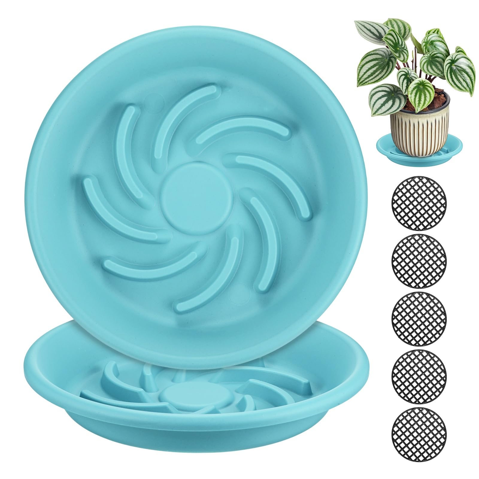 M METERXITY 2-Pack Plant Saucer, 7.4 Inch/ 18.8cm Plastic Plant Trays Thicker for Pots/Indoor/Outdoor/Water Drainage and Protection, Flowerpot Drip Tray [Light Blue]