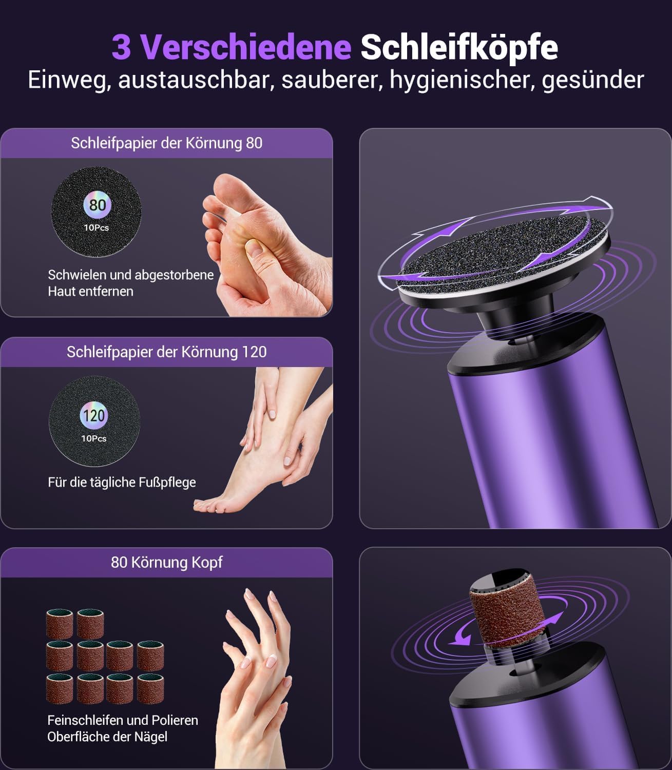 Hornhautentferner elektrisch【Peeling NO.1 – 0 Handschwielen,0 Harte Haut,0 Risse】Hornhaut entfernen Fuß【99.92% Entfernung in 3 Min – 9 Stufen】Wiederaufladbar mit Type-C (Violett)