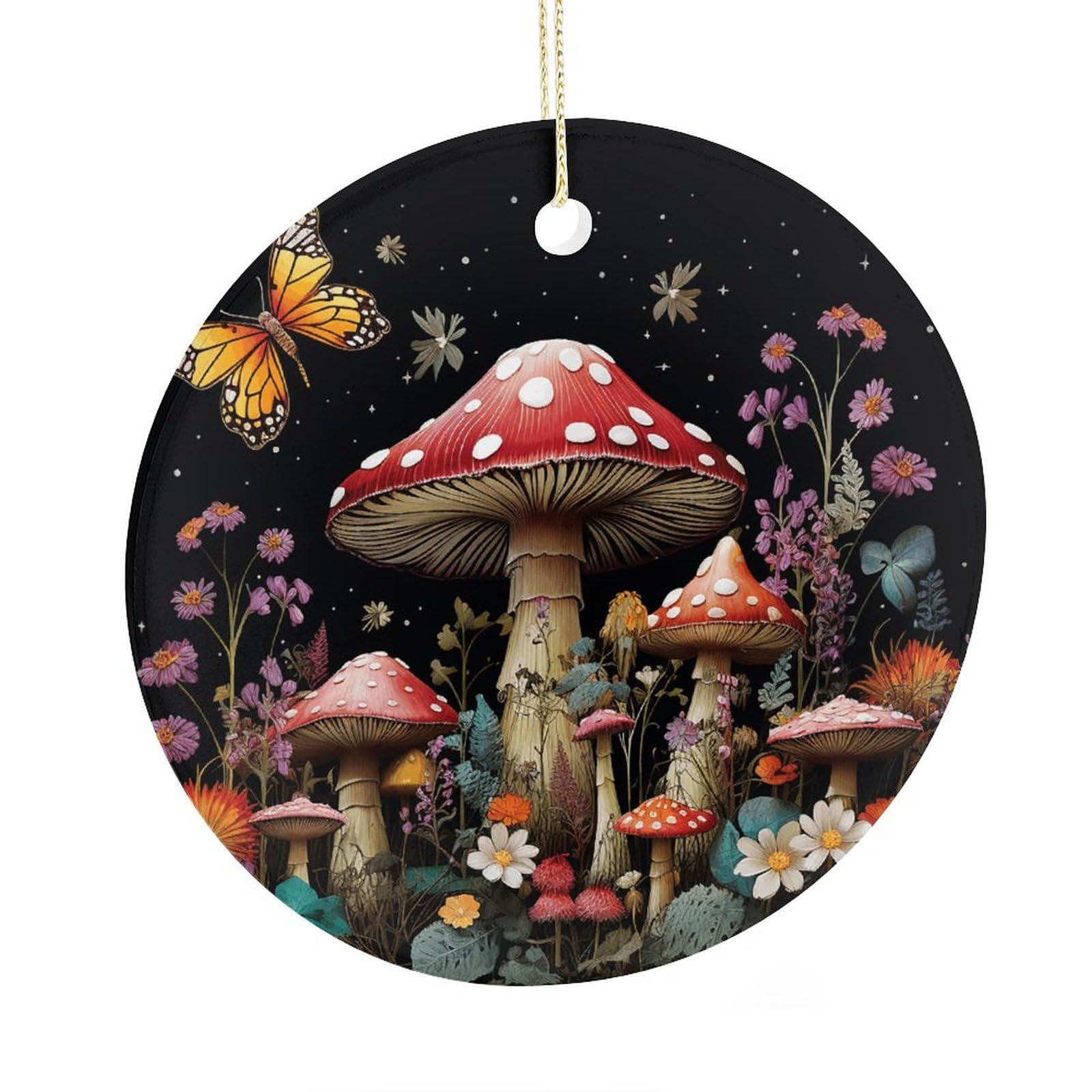 Fekiloot Style Mushrooms And Butterflies On Black Background Christmas Ornaments 2.9 Inch Round Ceramic Ornament Keepsake Thank You Gifts For Office, Room, Home - Holiday Present Ideas