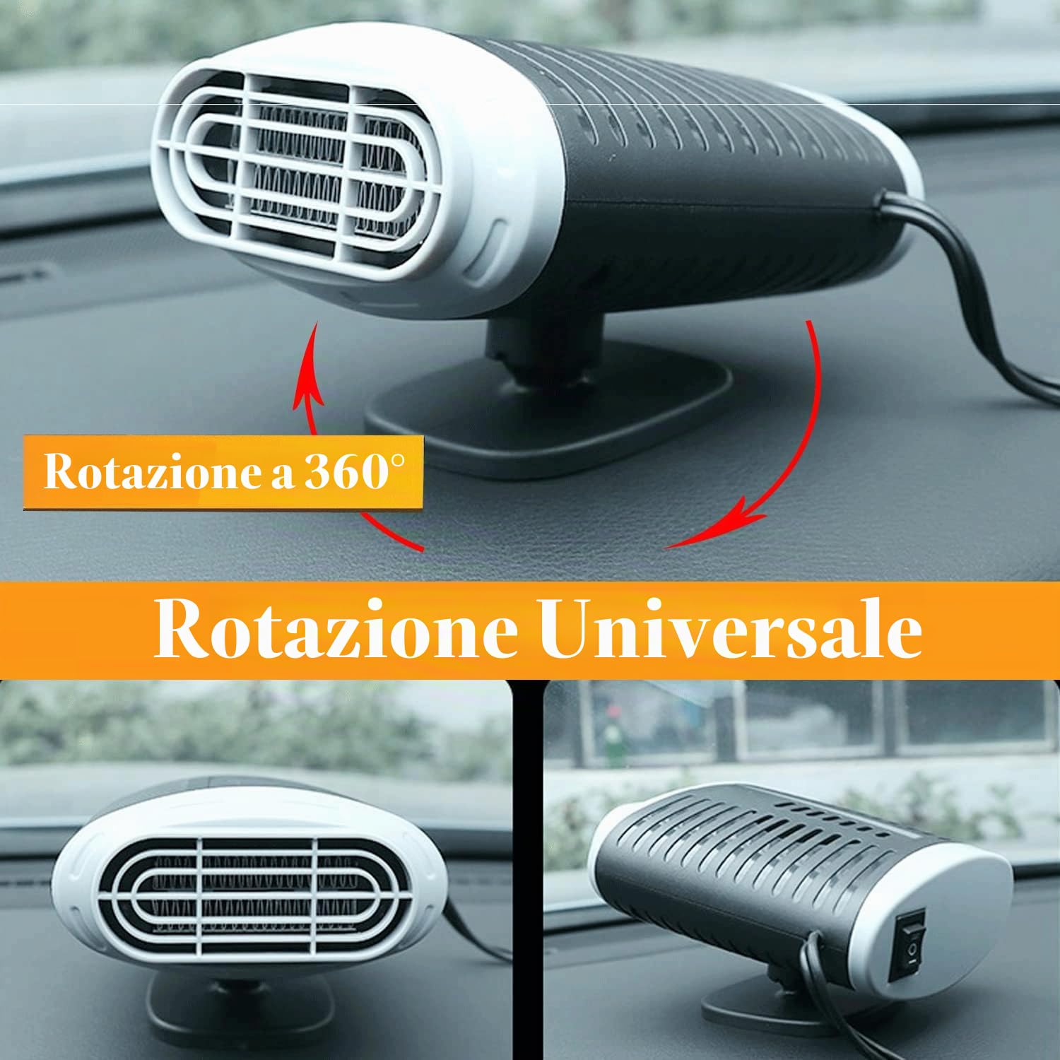 Riscaldatore per auto, portatile, 12 V, 150 W, riscaldamento e sbrinatore con rotazione a 360°, 2 in 1, riscaldamento e disappannamento auto, con funzione di riscaldamento e climatizzazione, con presa