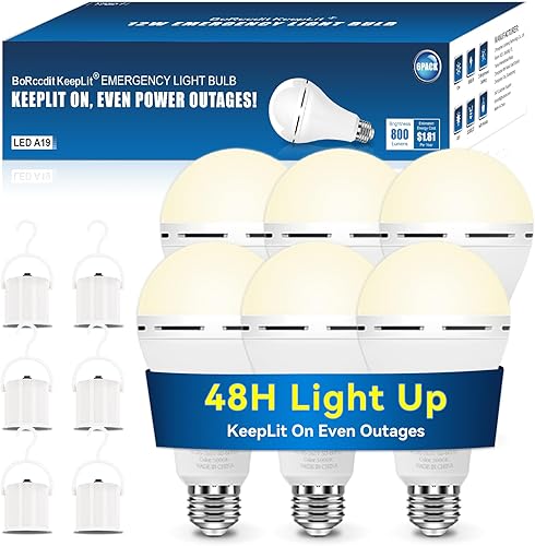 KeepLit Paquete de 6 Bombillas LED Recargables de Emergencia, Respaldo de Batería de 48H, 3 Niveles de Brillo, 12W Equivalente a 65W Bombilla LED