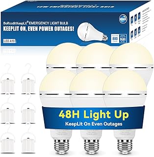 KeepLit 6PK Emergency Rechargeable Light Bulbs, 48H Battery Backup, 3 Brightness Levels, 12W 65W Equivalent A19 LED Bulb Auto-On During Power Outage for Hurricane, Emergency Use (Soft White)