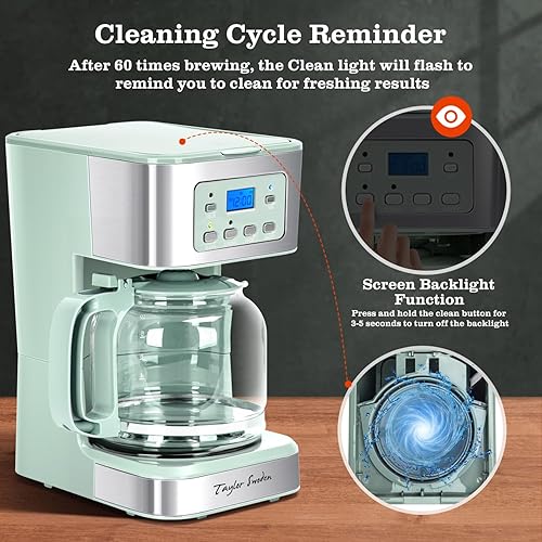 Miniatura 6 de Taylor Swoden Cafetera programable de 12 tazas, cafetera de goteo regular y fuerte para el hogar y la oficina, jarra de vidrio, pausa y servicio,