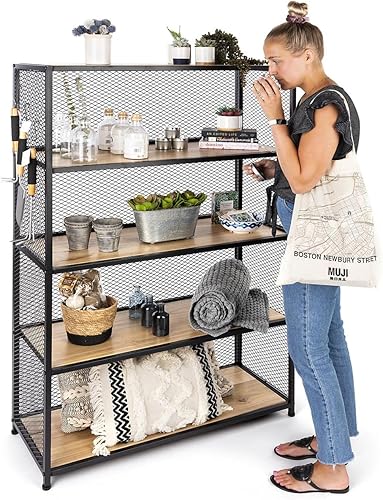 Miniatura 5 de Displays2go Estantería con cinco estantes, 40 pulgadas de ancho x 60 pulgadas de alto, roble y hierro - negro (SMMMSHF)