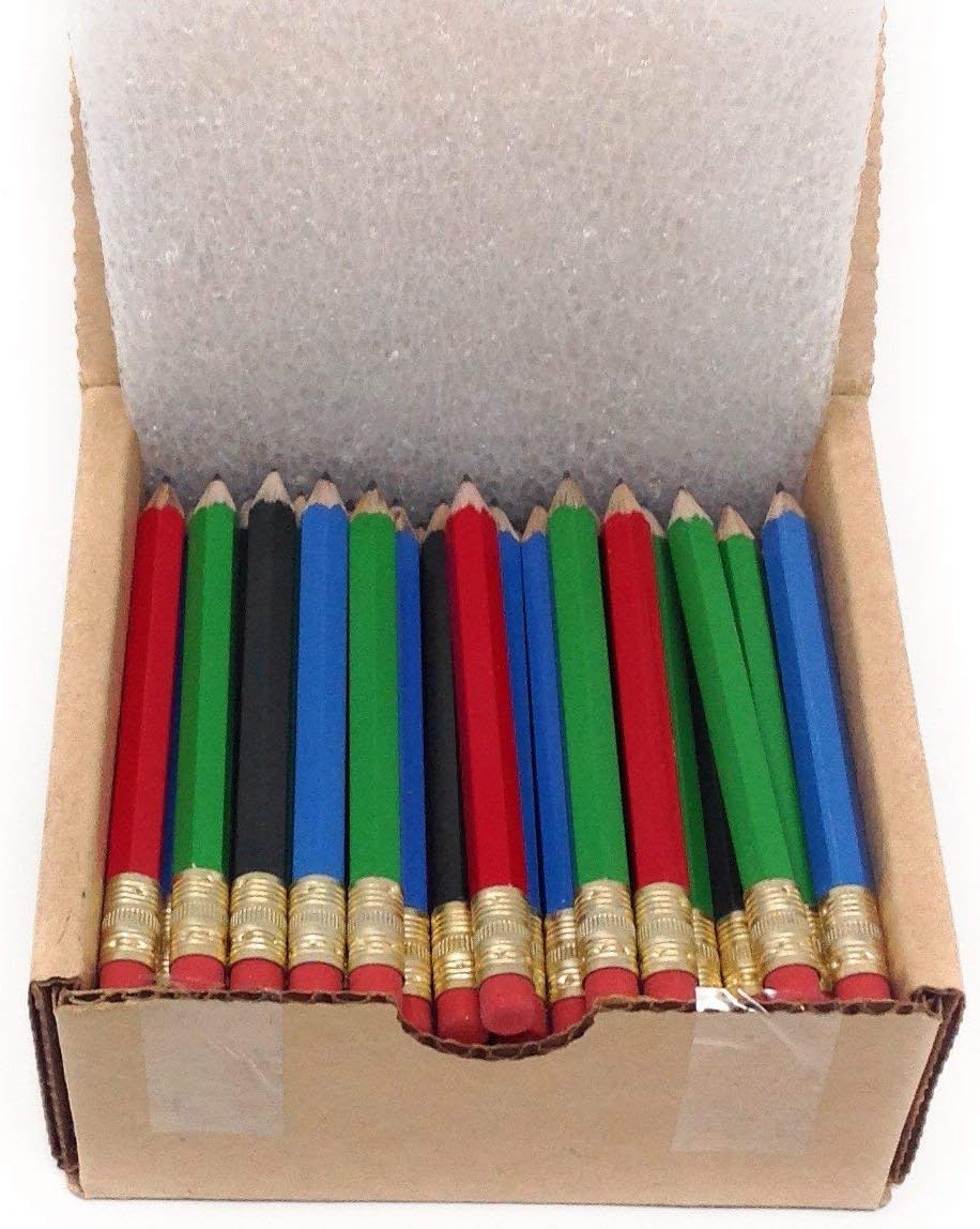 Half Pencils with Eraser - Golf, Classroom, Pew - #2 Hexagon, Sharpened, Box of 72. Color: Four Mixed Classic
