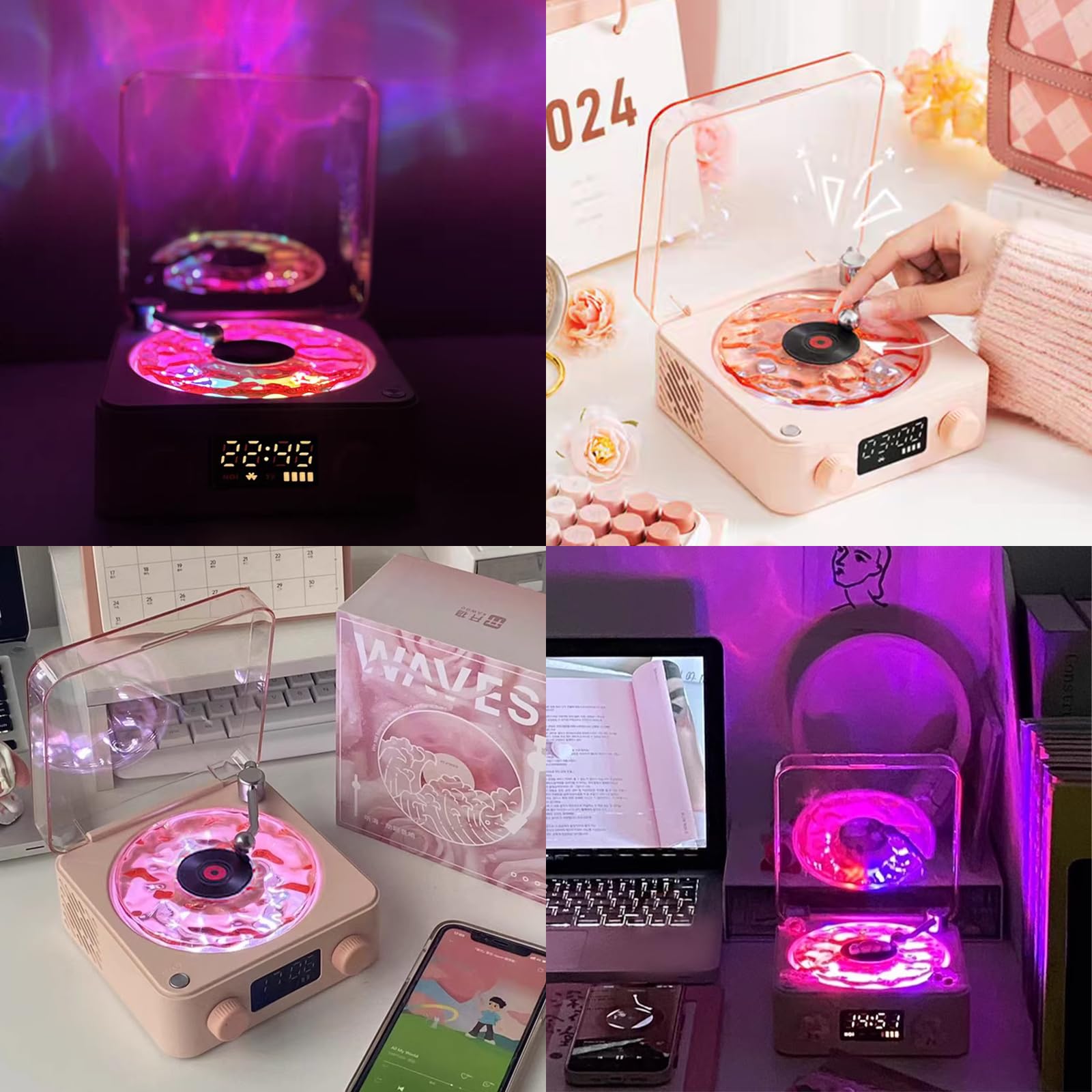 Reproductor de vinilo The Waves Mini altavoz retro de ruido blanco portátil con 4 sonidos de la naturaleza, altavoz portátil de ondas con luz RGB (rosa)