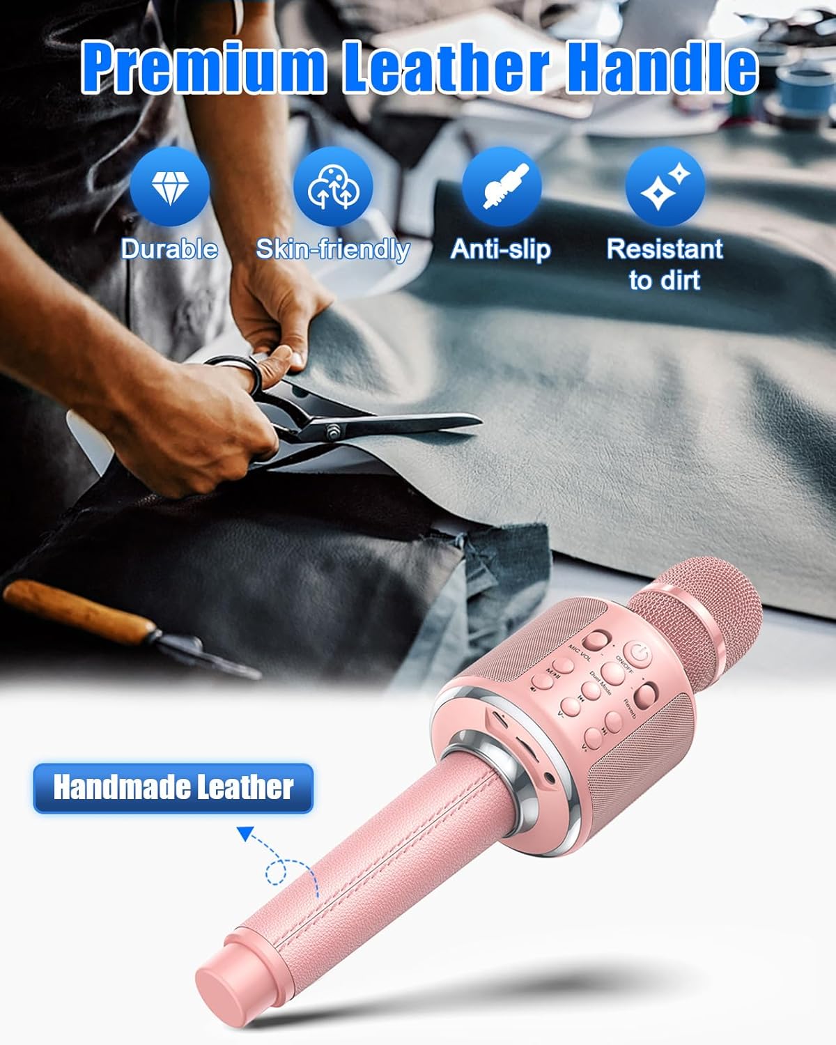 Close-up of the XZL Karaoke Microphone's premium leather handle, emphasizing its durable, skin-friendly, anti-slip, and dirt-resistant qualities.