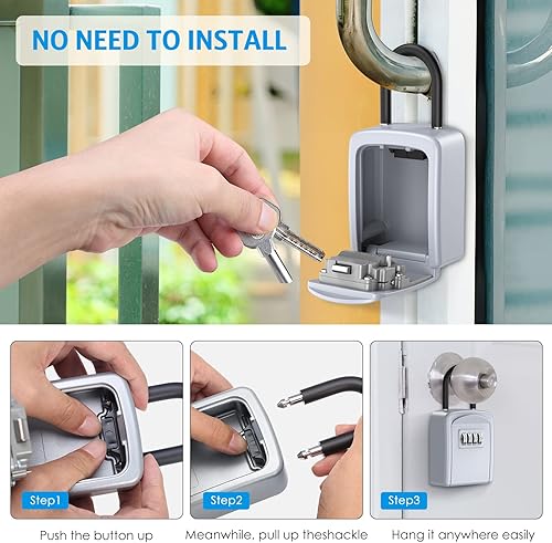 Miniatura 7 de AMIR Caja de seguridad para llaves montada en la pared, resistente a la intemperie, combinación de 4 dígitos, caja de bloqueo de almacenamiento de