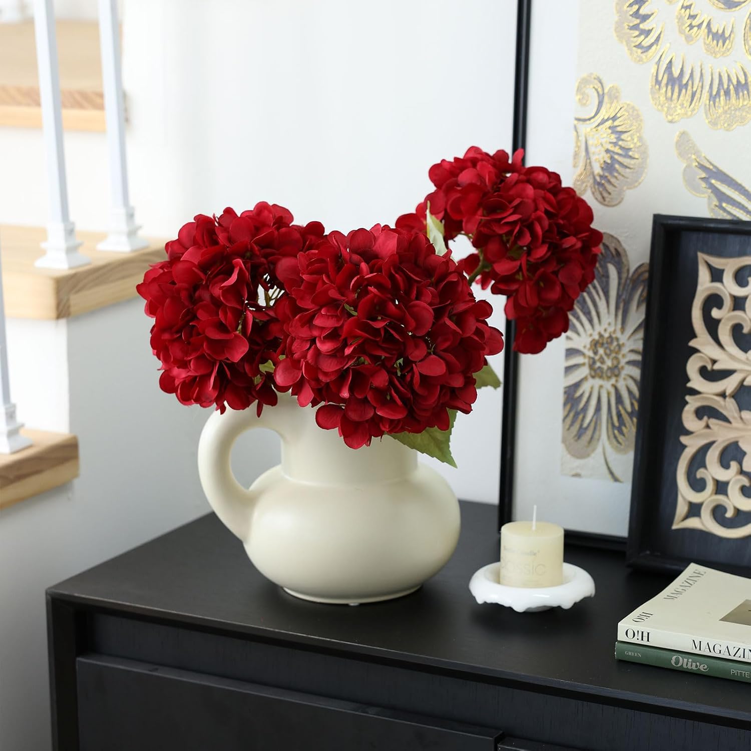 mizii 4Pcs Burgundy Artificial Hydrangea Flowers Large Fake Silk Hydrangea Flower with Leaves Stems Realistic Faux Hydrangeas Decorations for Wedding Table Centerpieces Vase Home Decor (Burgundy) - Image 7