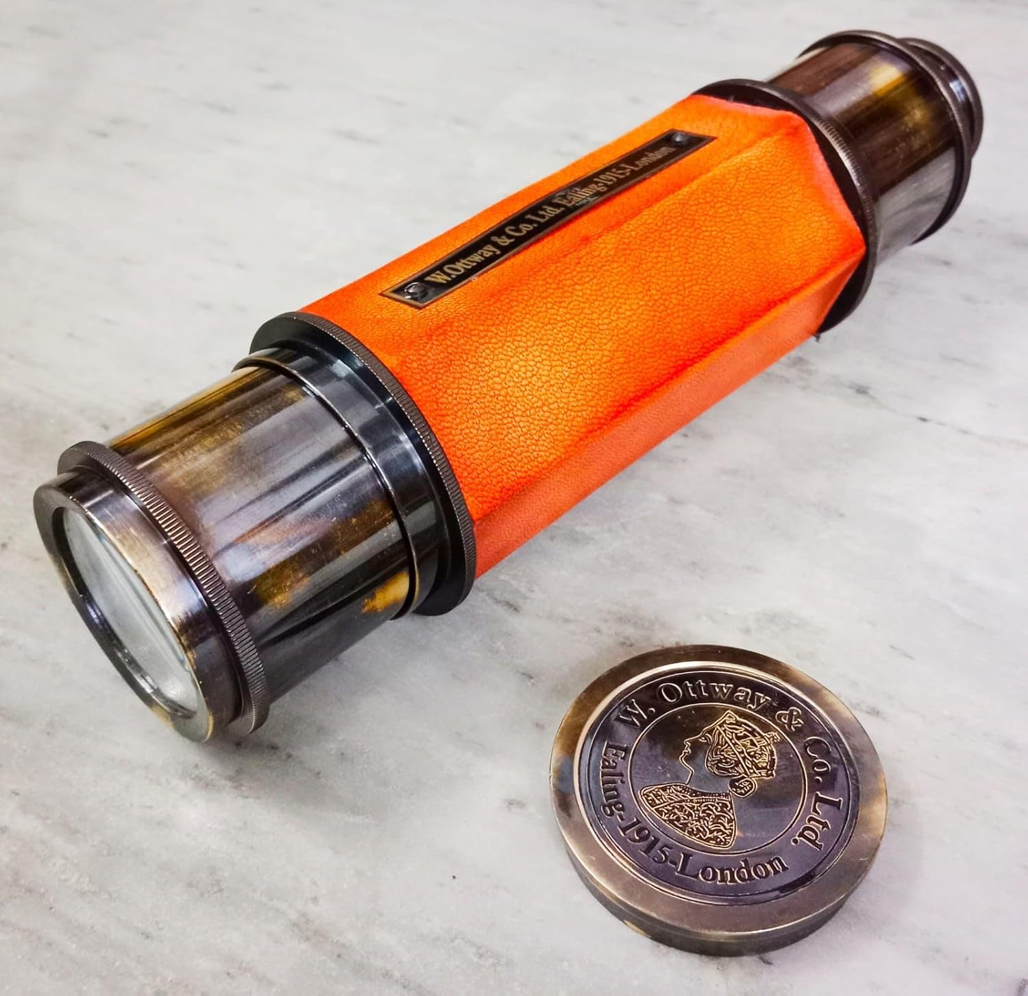 Vintage Brass Telescope with Leather Case, 20x Zoom, 24 Inch Length, Orange