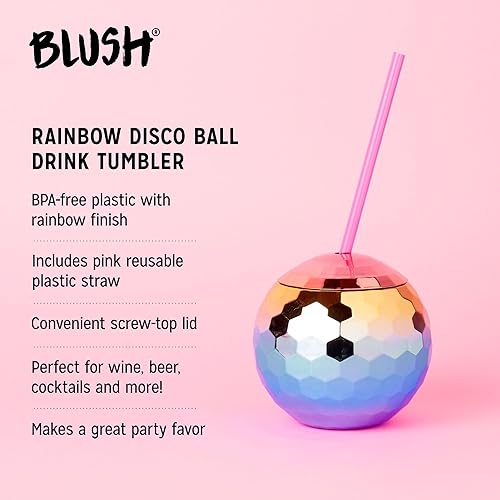 Miniatura 2 de Blush Vaso de bola de discoteca arcoíris con pajitas para fiestas, 16 onzas, lindo vaso de bebida de bola de cóctel con purpurina brillante,