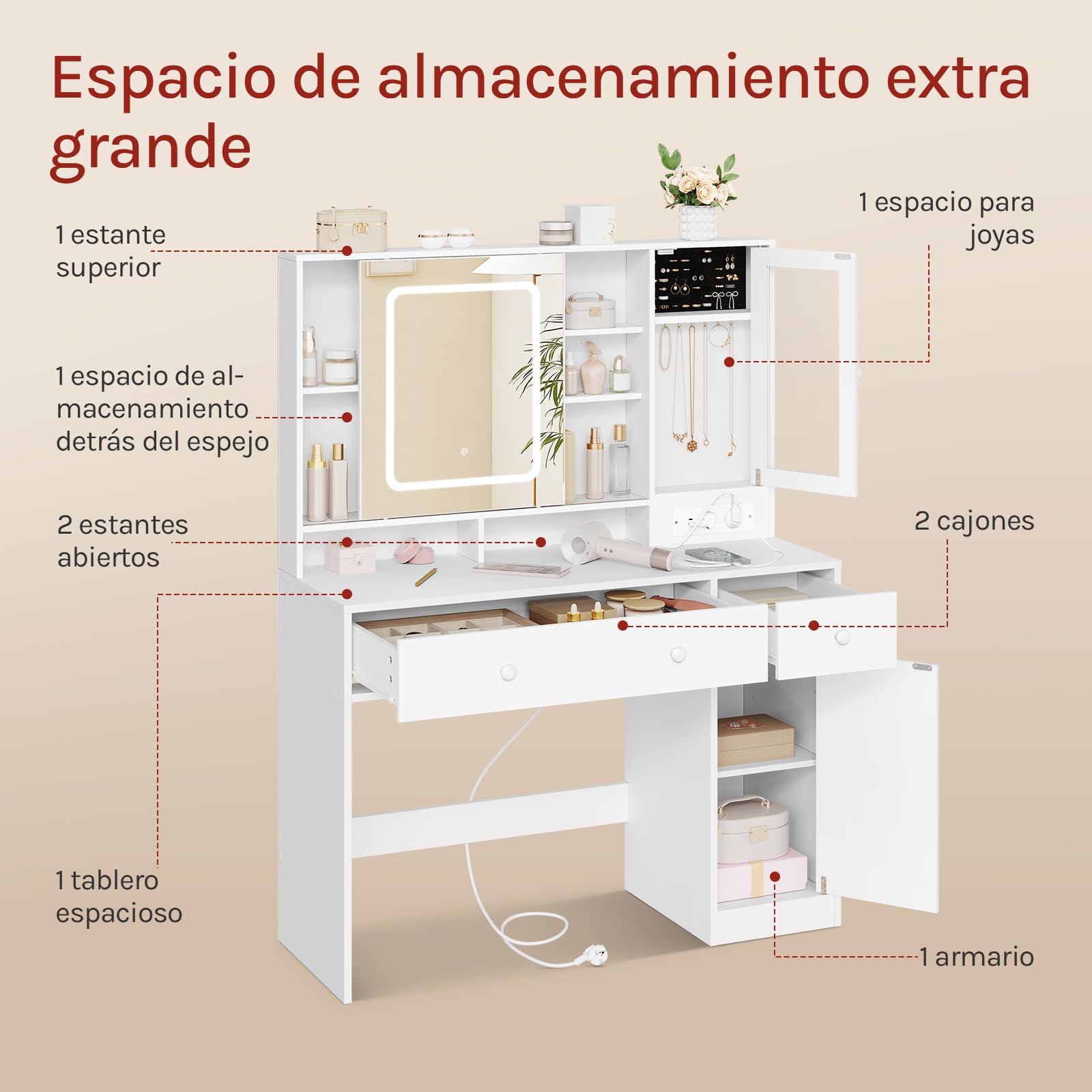 WOLTU Tocador Maquillaje con Joyero, Espejo Luz LED Ajustable, Mesa Tocador Maquillaje con Enchufes, Cajones y Estantes, Blanca, MB6125ws