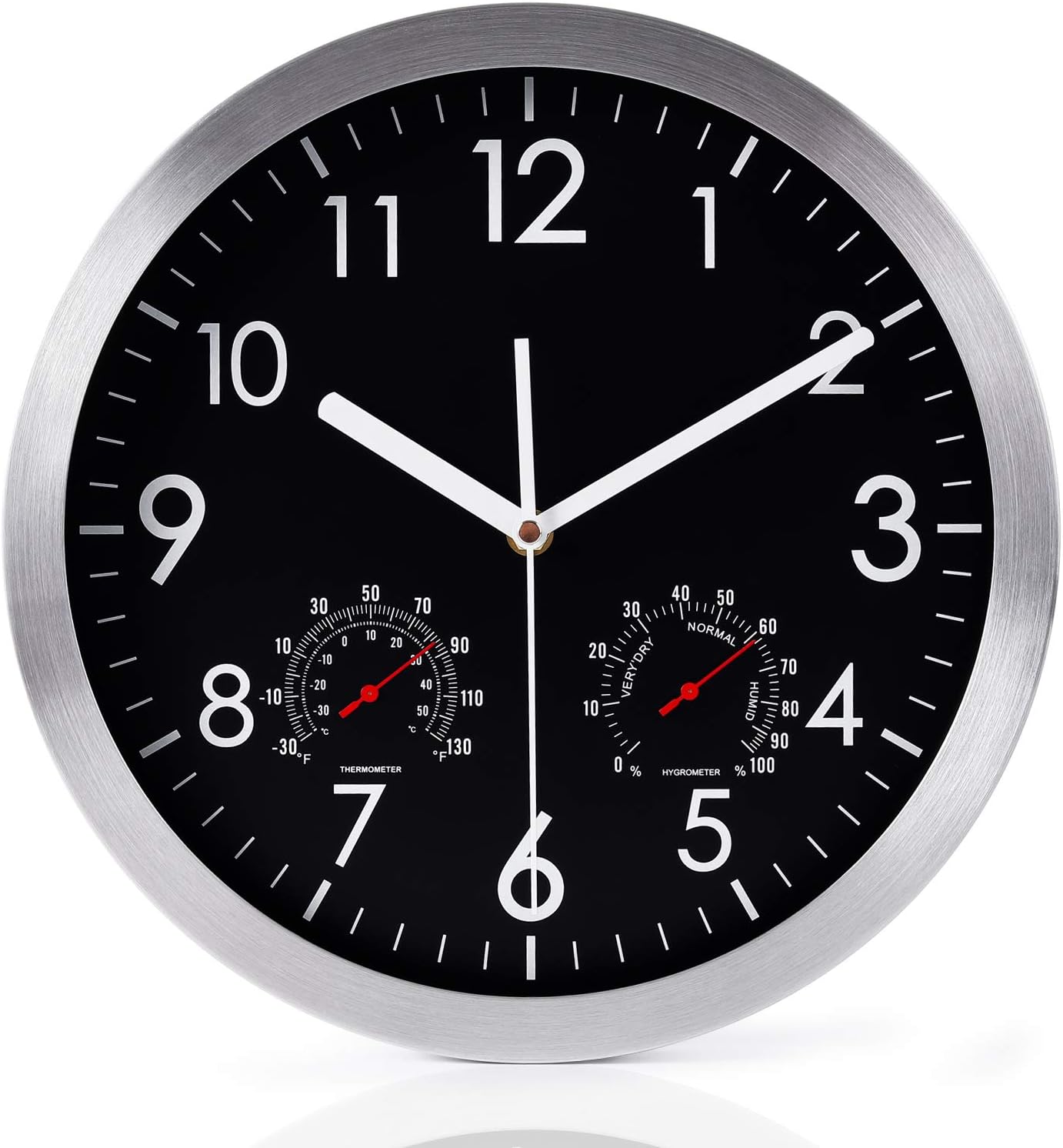 WOOPHEN 12 Inch Silent Non Ticking Wall Clock Sweep Movement Silver Aluminum Frame Glass Cover, for Office, Home, Bathroom, Kitchen, Bedroom, School, Living Room (Black)