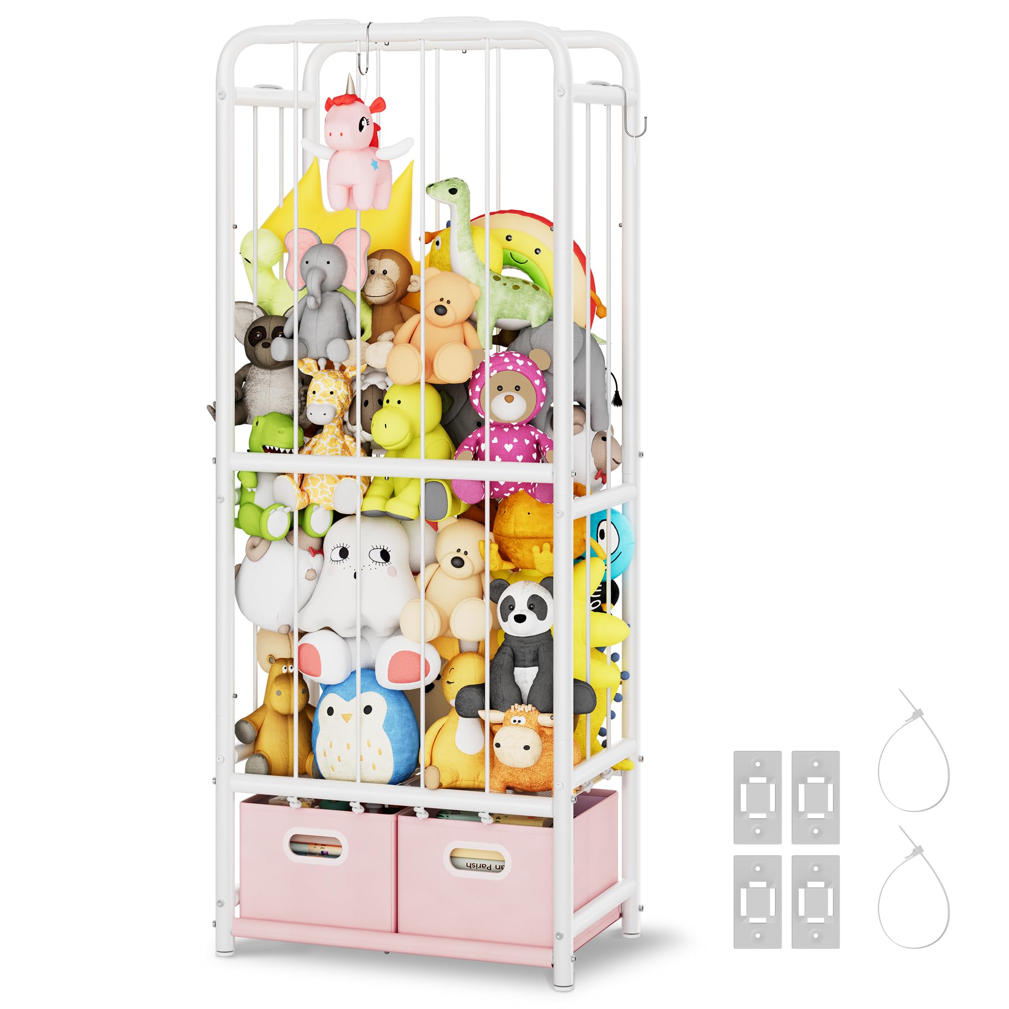 GRANNY SAYS Stuffed Animal Storage Tube with 2 Toy Bins, Plushies Storage, Toy Organizer Holder with Elastic Band and Hooks, Metal Stuff Animal Storage, Kids Toy Storage Organizer for Bedroom Playroom