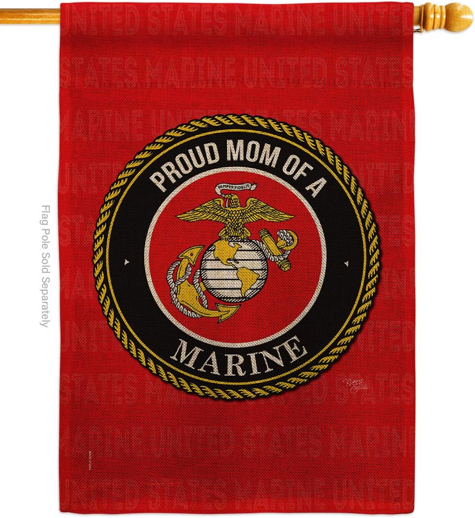 Marine Corps Proud Mom Marines Burlap House Flag Armed Forces USMC Semper Fi United State American Military Veteran Retire Official Small Decorative Gift Yard Banner Double-Sided Made In USA 28 X 40